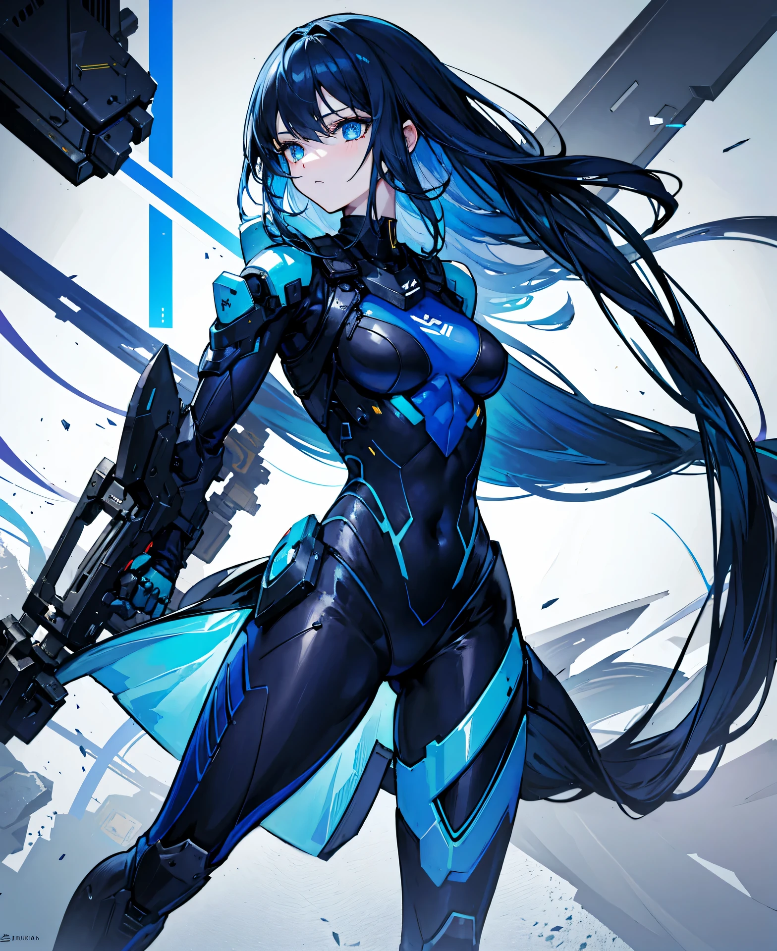 no background,girl,carry a firearm,Enamel style tight suit,use of firearms,dark blue long hair,attention arousal,blue colored eyes,no gradation