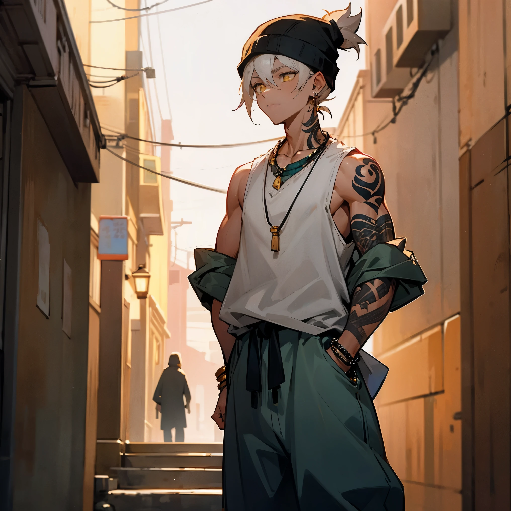 1male, young teen, tan skin, finely detailed yellow eyes, medium messy top knot, pale pink ombré hair color, loose sleeveless haori, loose baggy pants, hands in pockets, walking down alley, night, somber expression, village, serious, tattoos, muscular, beanie, rings, jewelry, necklace, earring 