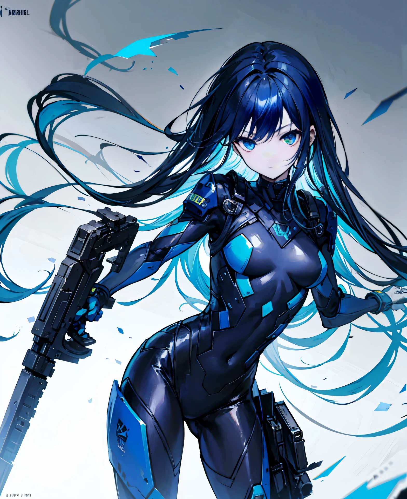 no background，girl，carry a firearm，Enamel style tight suit，use of firearms，dark blue long hair，attention arousal，blue colored eyes,no gradation
