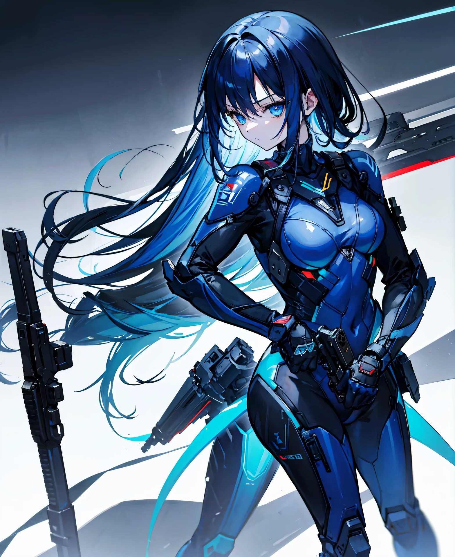 no background,girl,carry a firearm,Enamel style tight suit,use of firearms,dark blue long hair,attention arousal,blue colored eyes,no gradation