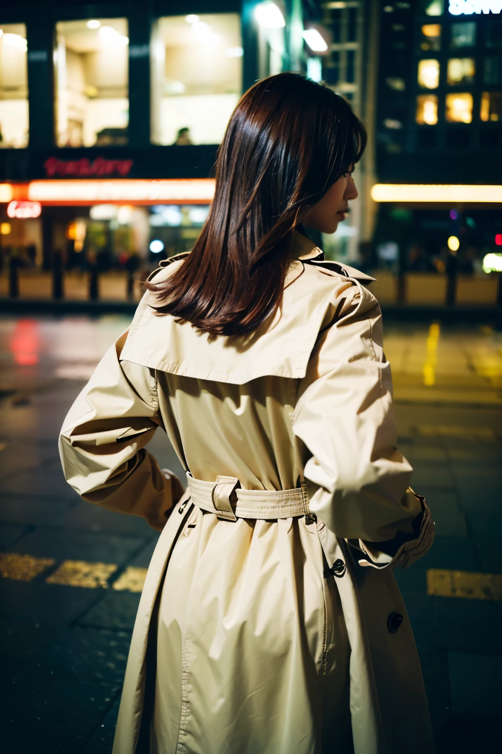 Top quality, one beautiful woman, 35mm lens, f/1, Wearing wearing a trench coat and jeans, at midnight, stillness of night, outdoors, from behind