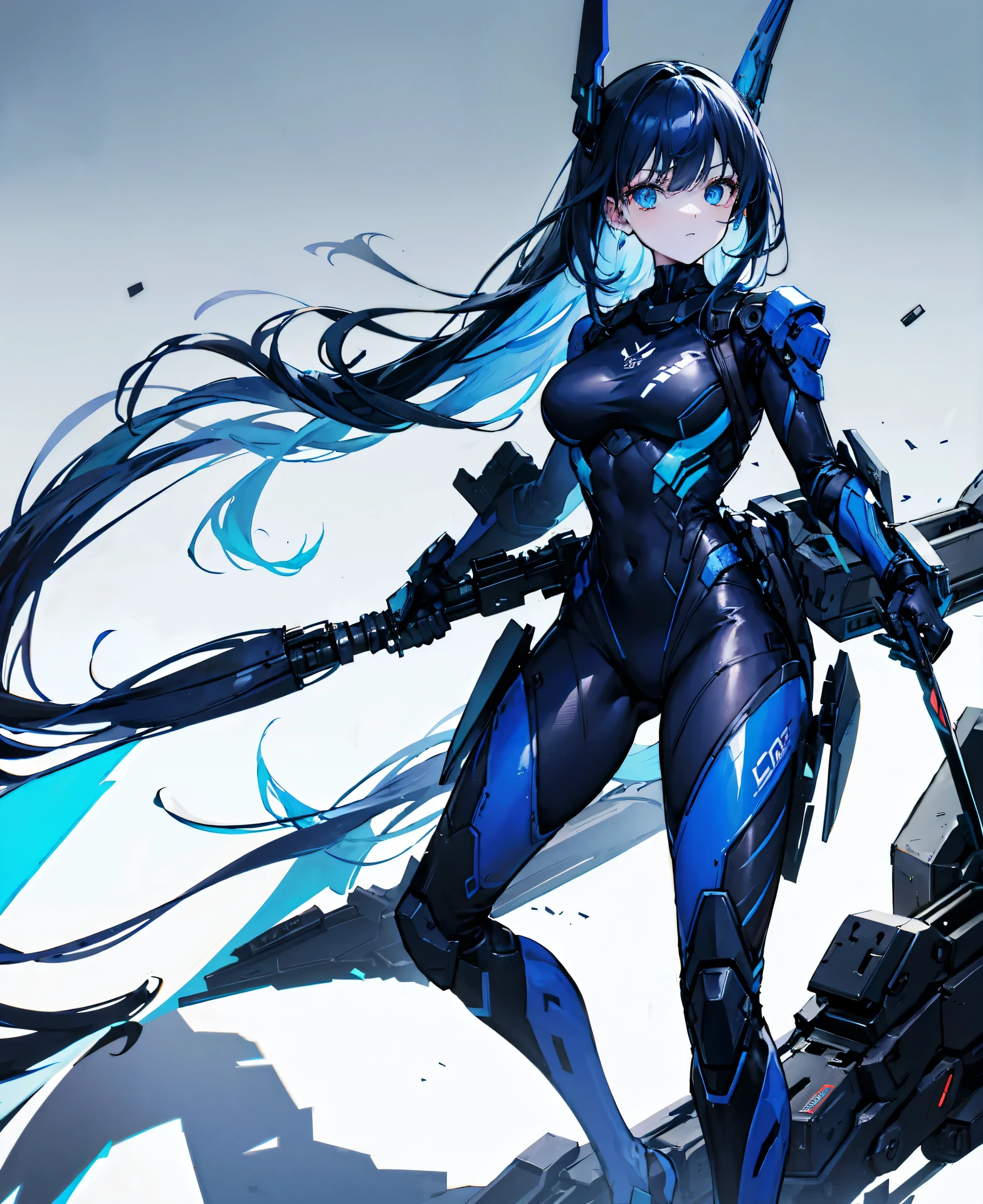 no background,girl,carry a firearm,Enamel style tight suit,use of firearms,dark blue long hair,attention arousal,blue colored eyes,no gradation