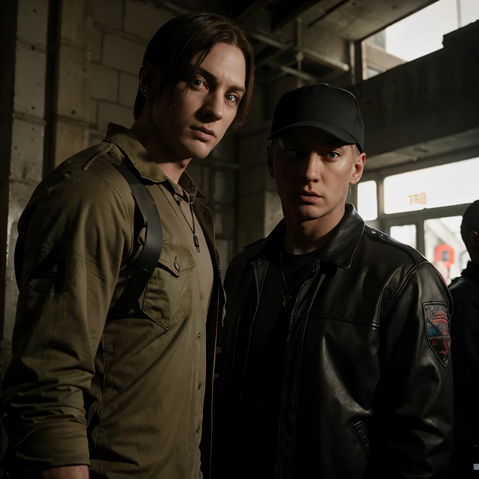 Eminem y Leon Scott Kennedy peleando contra zombies con un filtro de PS2