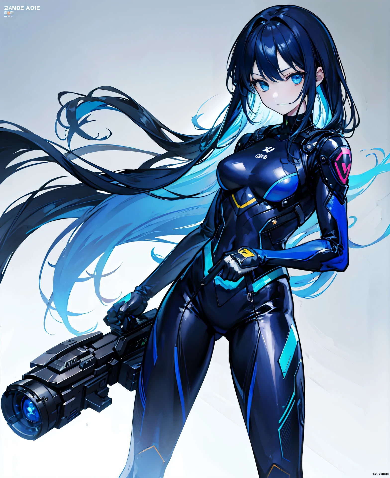 no background,girl,carry a firearm,Enamel style tight suit,use of firearms,dark blue long hair,attention arousal,blue colored eyes,no gradation