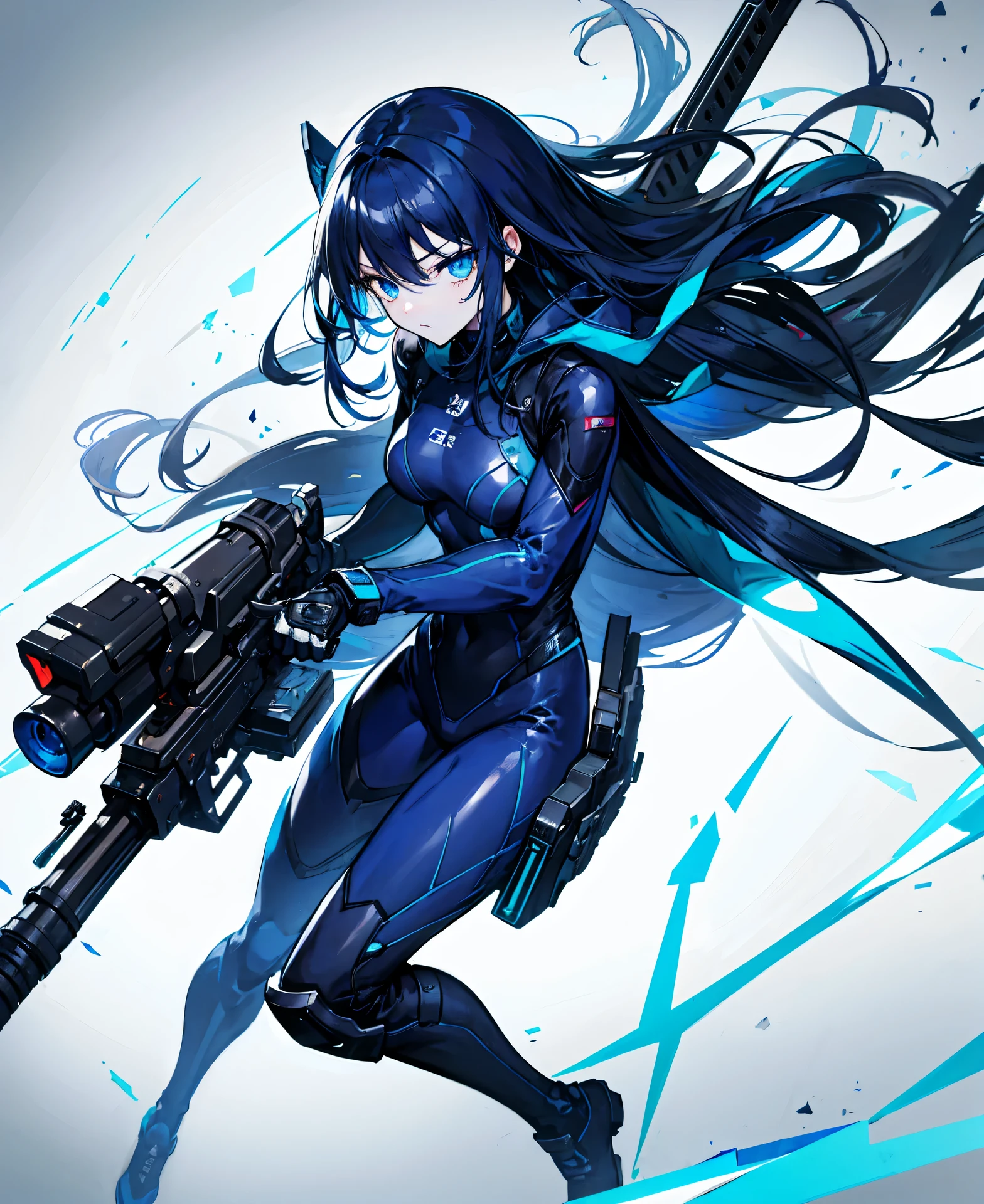no background,girl,carry a firearm,Enamel style tight suit,use of firearms,dark blue long hair,attention arousal,blue colored eyes,no gradation