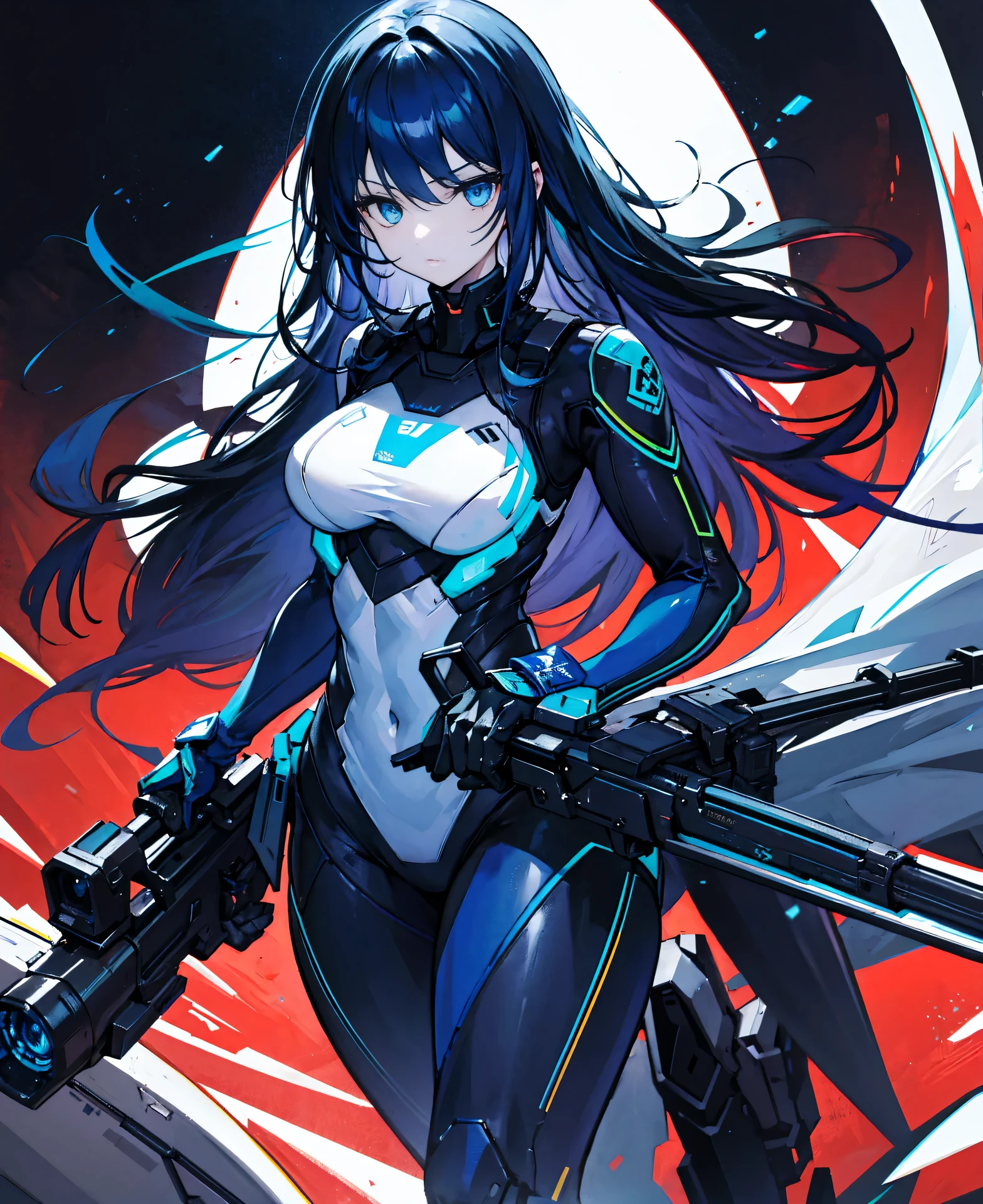 no background，girl，carry a firearm，Enamel style tight suit，use of firearms，dark blue long hair，attention arousal，blue colored eyes,no gradation