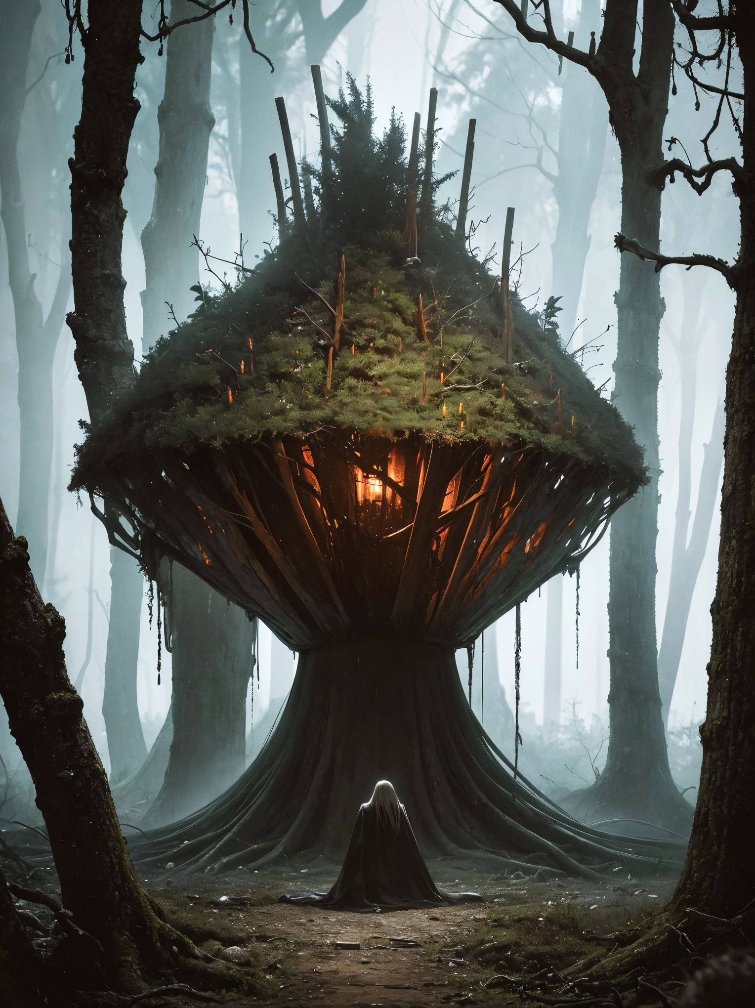 (best quality,4k,8k,highres,masterpiece:1.2),ultra-detailed,(realistic,photorealistic,photo-realistic:1.37),spooky forest,giant spider,twisted trees,dark atmosphere,eerie lighting,menacing presence,thick and sticky fluid,ominous vibes,dread-filled scenery,detailed spider web,creepy crawlies,horrifying spectacle,fractal patterns,nightmare-inducing,unsettling surroundings,horror movie setting,dreadful ambiance,vivid colors,sharp focus
