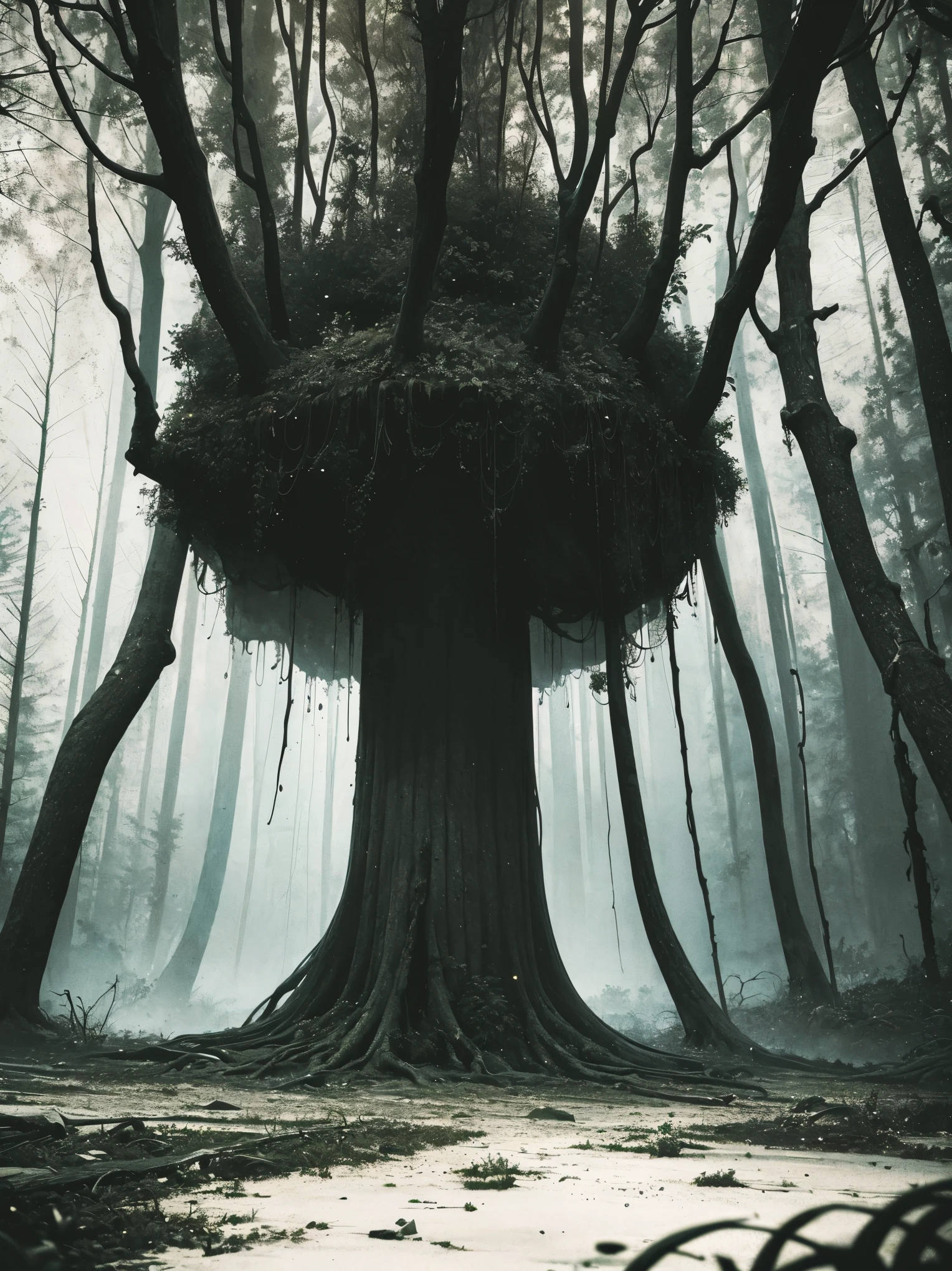 (best quality,4k,8k,highres,masterpiece:1.2),ultra-detailed,(realistic,photorealistic,photo-realistic:1.37),spooky forest,giant spider,twisted trees,dark atmosphere,eerie lighting,menacing presence,thick and sticky fluid,ominous vibes,dread-filled scenery,detailed spider web,creepy crawlies,horrifying spectacle,fractal patterns,nightmare-inducing,unsettling surroundings,horror movie setting,dreadful ambiance,vivid colors,sharp focus