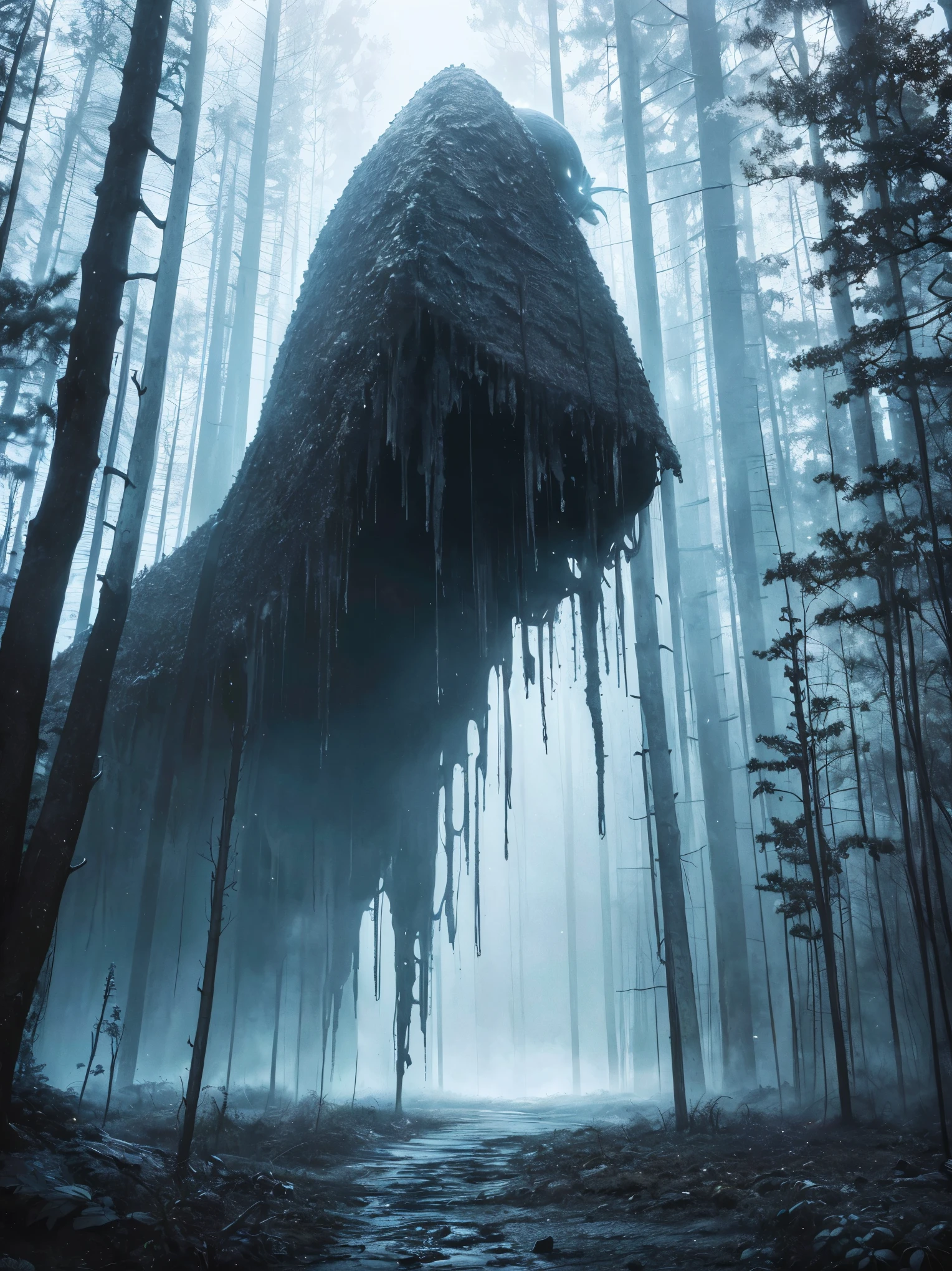 (best quality,4k,8k,highres,masterpiece:1.2),ultra-detailed,(realistic,photorealistic,photo-realistic:1.37),spooky forest,giant spider,twisted trees,dark atmosphere,eerie lighting,menacing presence,thick and sticky fluid,ominous vibes,dread-filled scenery,detailed spider web,creepy crawlies,horrifying spectacle,fractal patterns,nightmare-inducing,unsettling surroundings,horror movie setting,dreadful ambiance,vivid colors,sharp focus