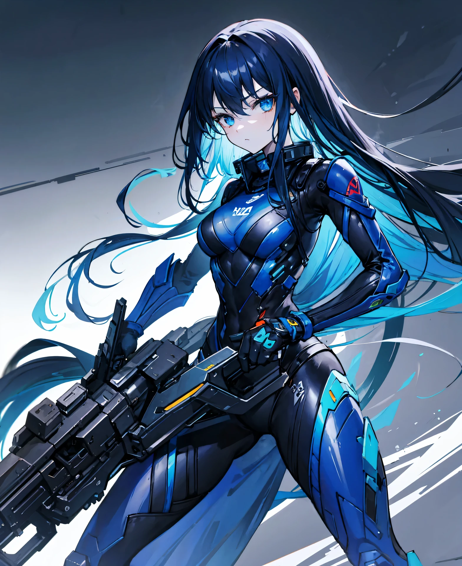 no background,girl,carry a firearm,Enamel style tight suit,use of firearms,dark blue long hair,attention arousal,blue colored eyes,no gradation