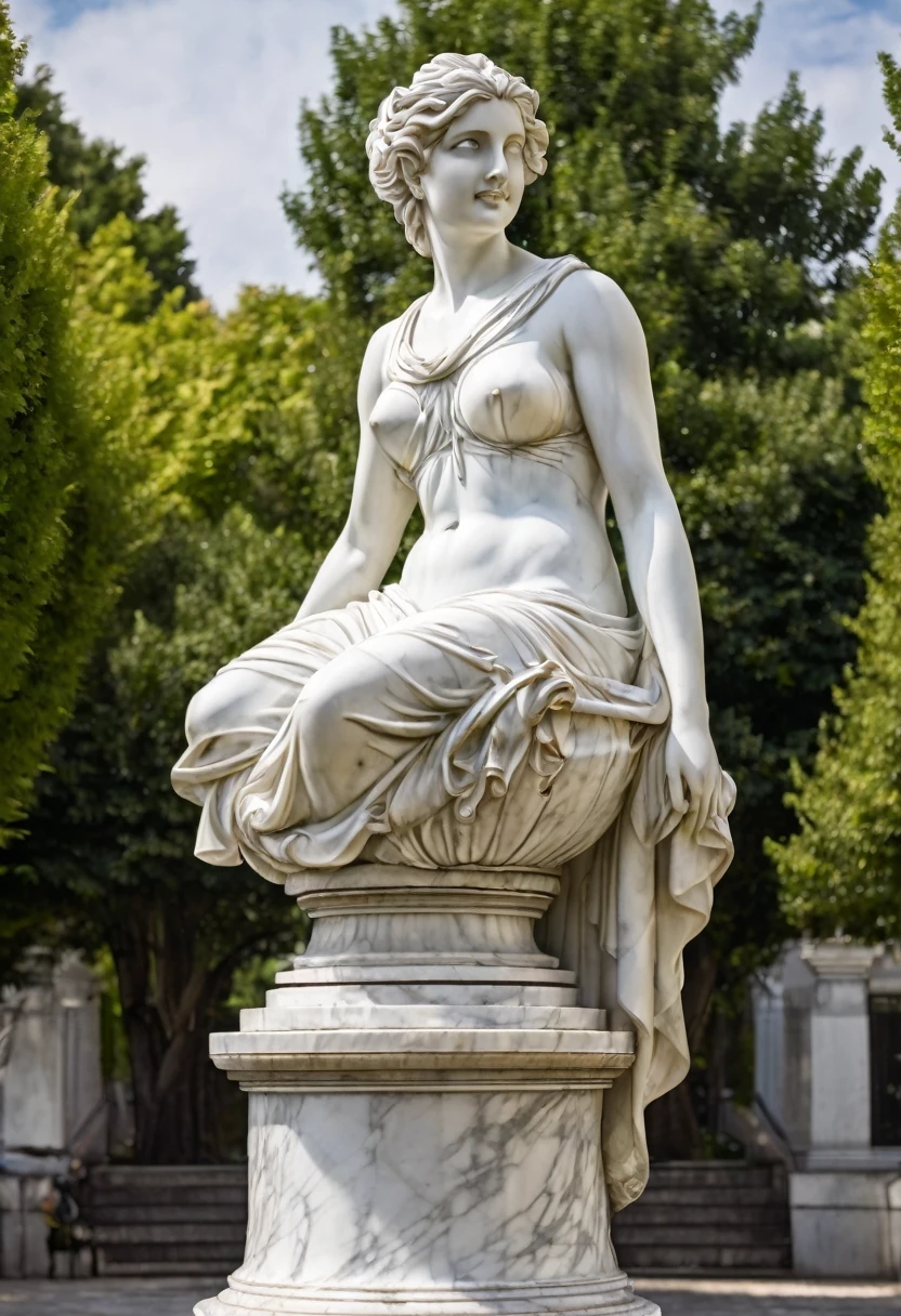 ( high detail marble statue on low pedestal of  nacked  woman hands over small round chest :1.9) @alexmd looking at camera , leg bent [smile : short smile: 0.9] full size view on summer park