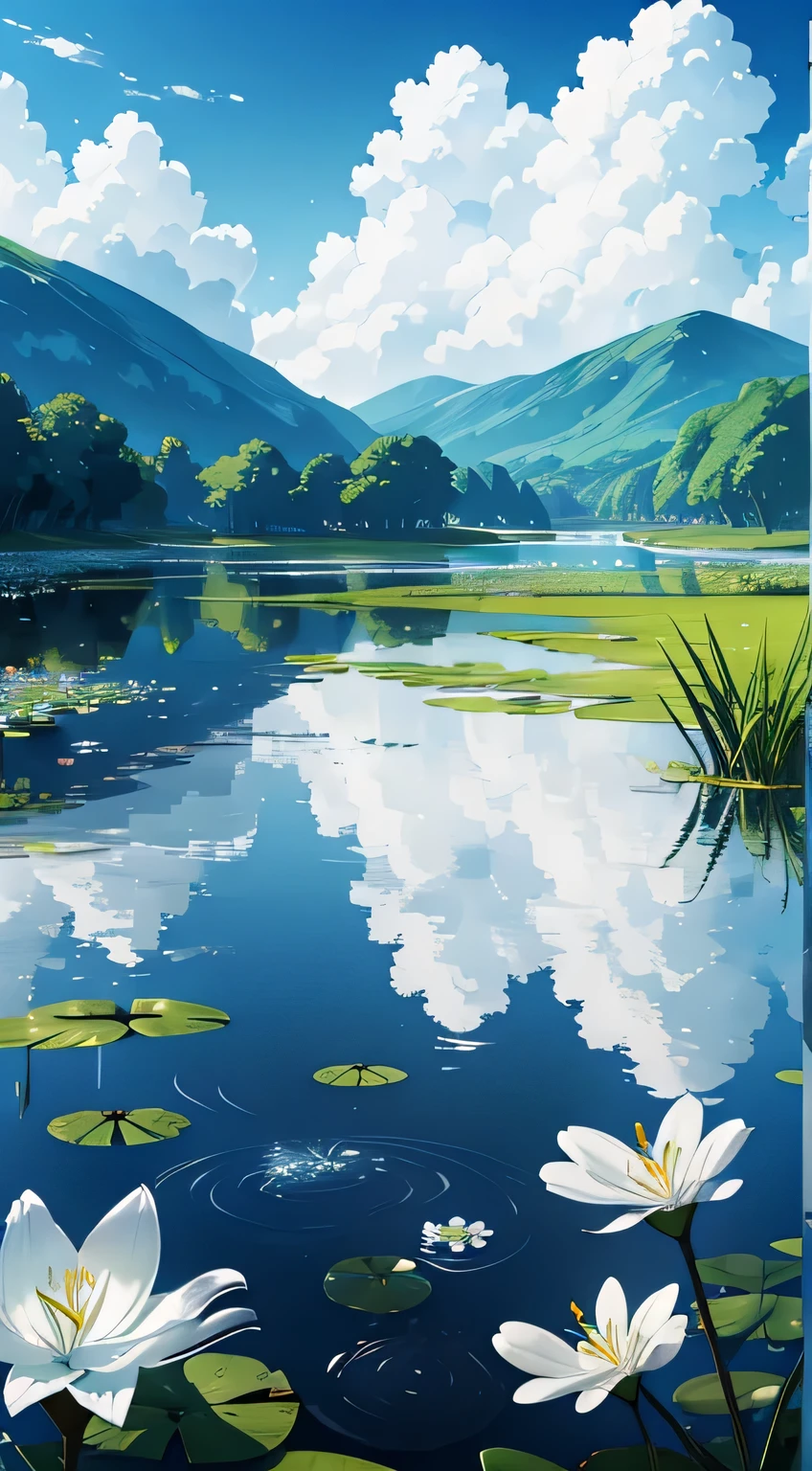 White lily wallpaper, white themed background, blueis water pond, white clouds in the background
