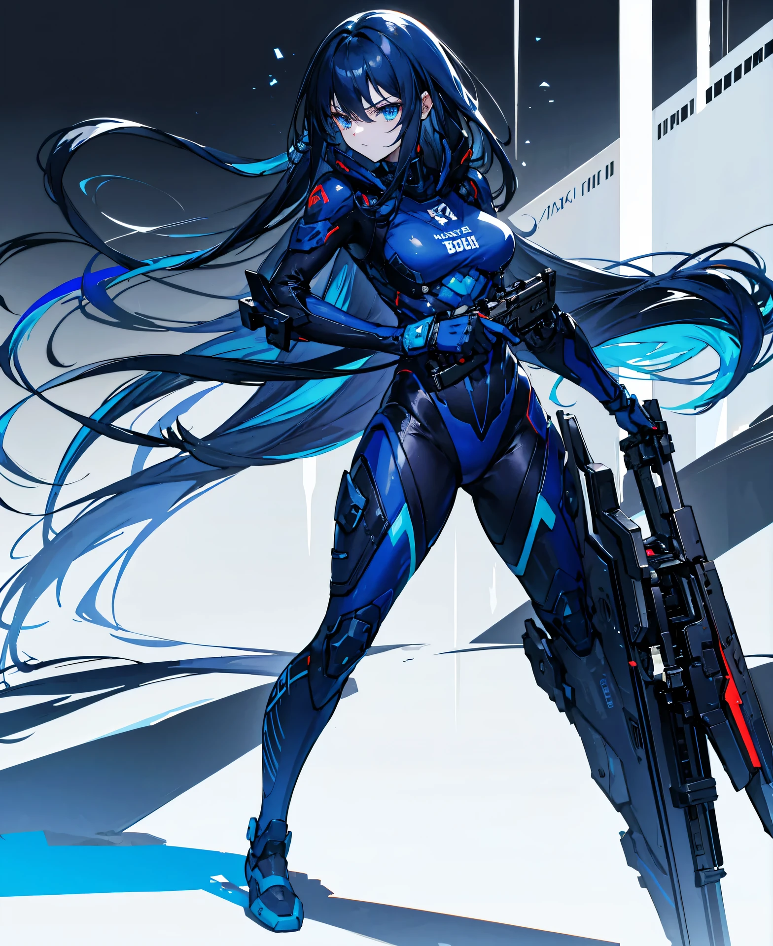 no background,girl,carry a firearm,Enamel style tight suit,use of firearms,dark blue long hair,attention arousal,blue colored eyes,no gradation