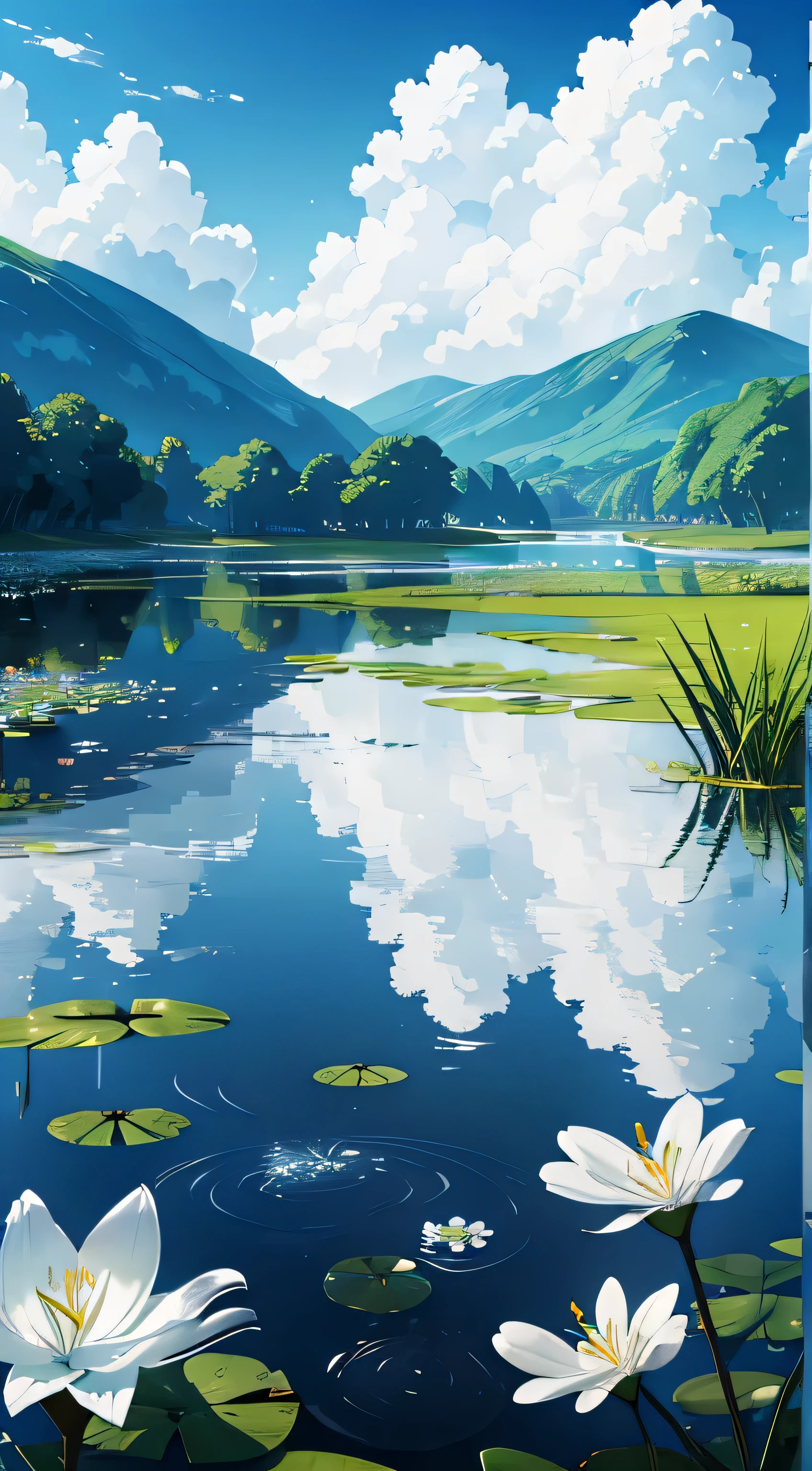 White lily wallpaper, white themed background, blueis water pond, white clouds in the background