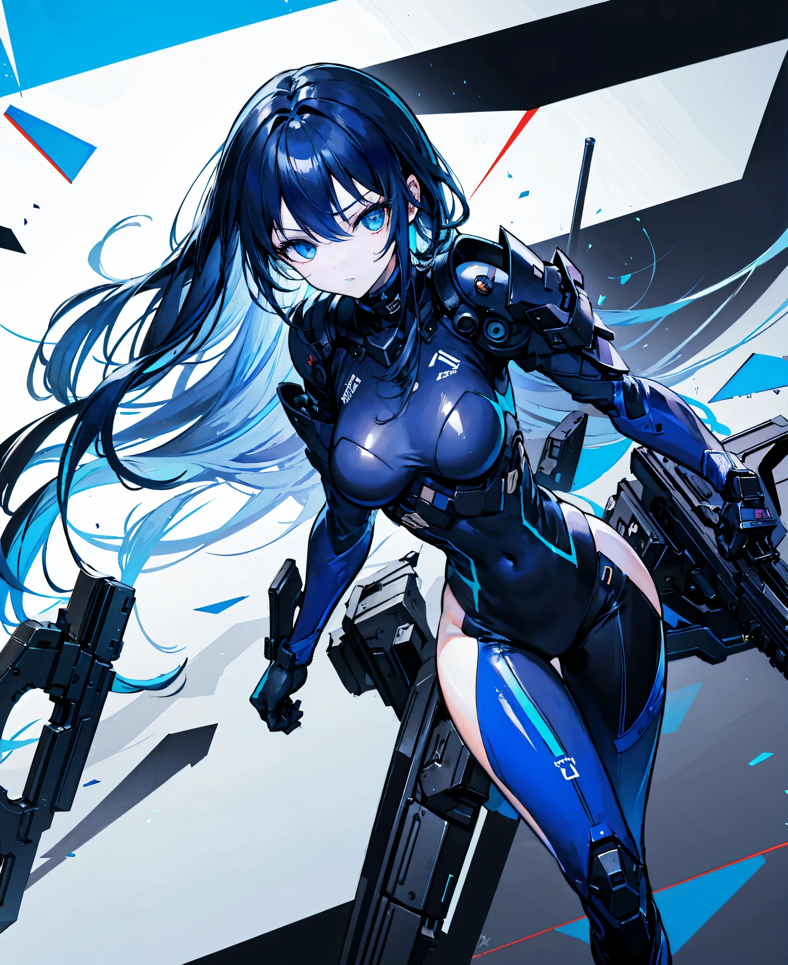 no background，girl，carry a firearm，Enamel style tight suit，use of firearms，dark blue long hair，attention arousal，blue colored eyes,no gradation