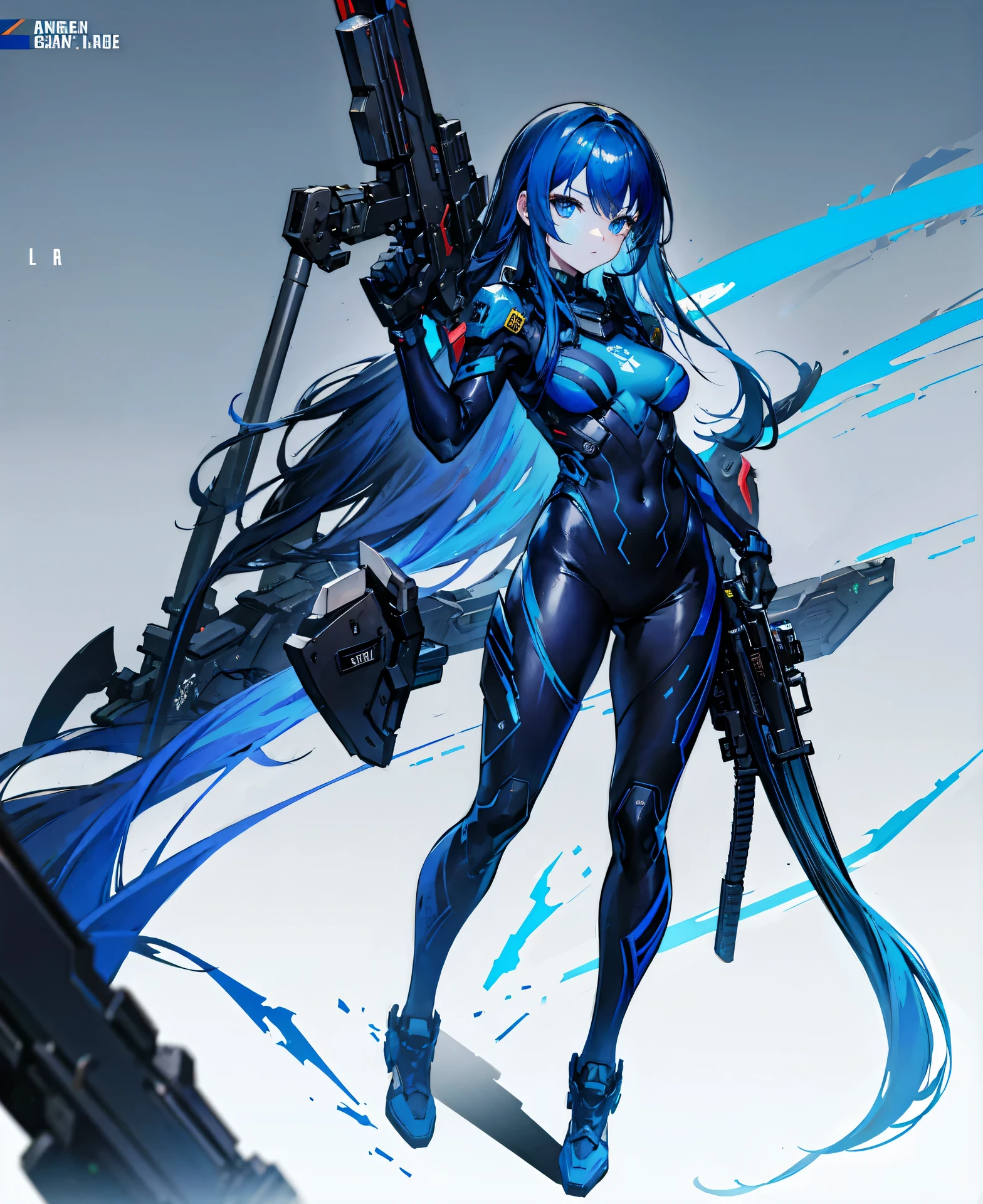 no background,girl,carry a firearm,Enamel style tight suit,use of firearms,dark blue long hair,attention arousal,blue colored eyes,no gradation