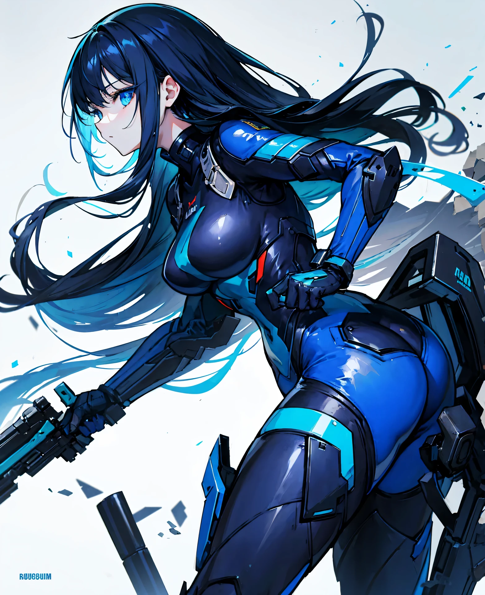 no background,girl,carry a firearm,Enamel style tight suit,use of firearms,dark blue long hair,attention arousal,blue colored eyes,no gradation
