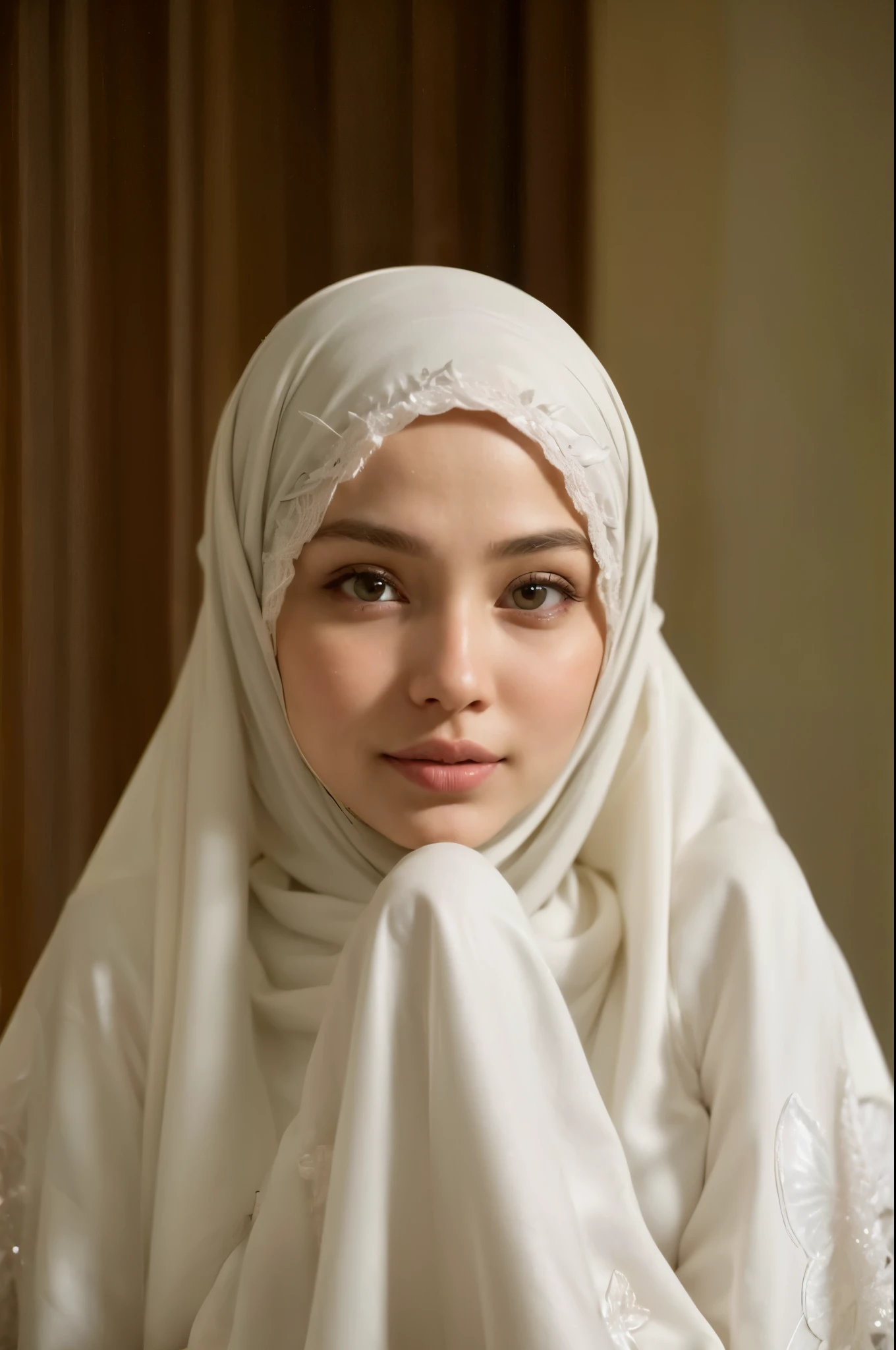 masterpiece, (ultra-high-definition portrait, vignet:1.4), Realistic, extremely detailed, CG unified, 8k, Clean lines, highly detailed, High-definition, raw color photos, she is smiling, Realistic portrait, Cinematic Light, Beautiful detailed, (1hijabgirl, indonesian:1.5), (165cm tall, big breasts with lips like he wants to kiss:1.5), Beautiful big breasts, breasts details, very tight, (Biggorgeous breast, Fish gape:1.5), (fish gape, Big Breast:1.4), Close up of a girl in Beautiful clothes with errected nipple, biggorgeous breast, Soft smile, scarf, (Bombastic Side Eyes with curvaceous body:2), pose 4 of 1 6, Undress, No bra, (nipples that are clearly sticking out detail:1.2), Outdoors, high intricate detailed.