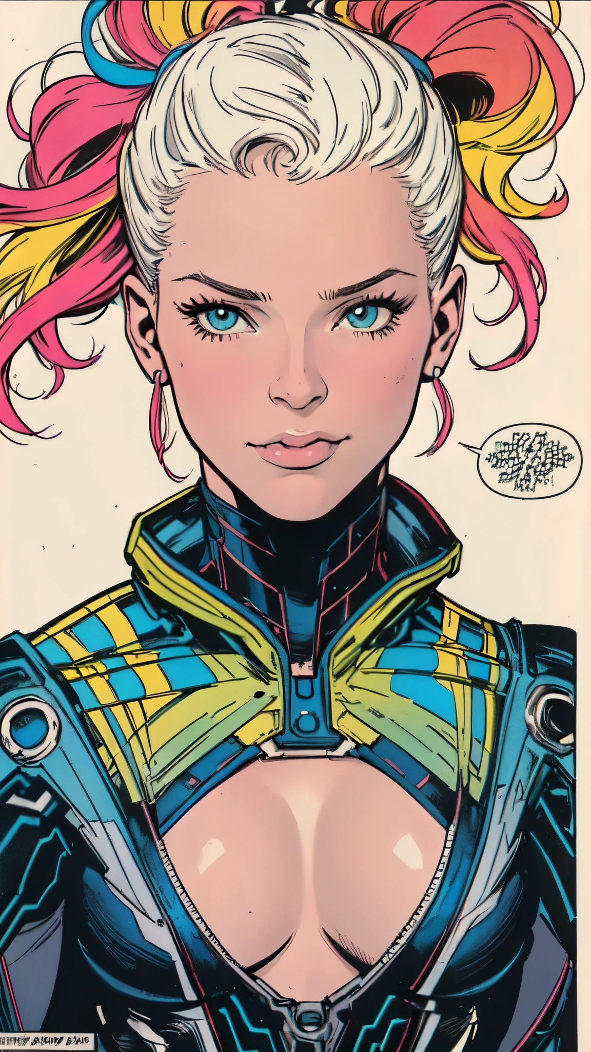 masterpiece,extremely beautiful woman,Excellent sense,cleavage,(((perfect very white background))),American Comics,(((The Perfect One Woman))),speech bubble,strongest,(((one person))),colorful,Rainbow-colored,Highly detailed upper body,breast enhancement,Lines,highly detailed face,cyber punk