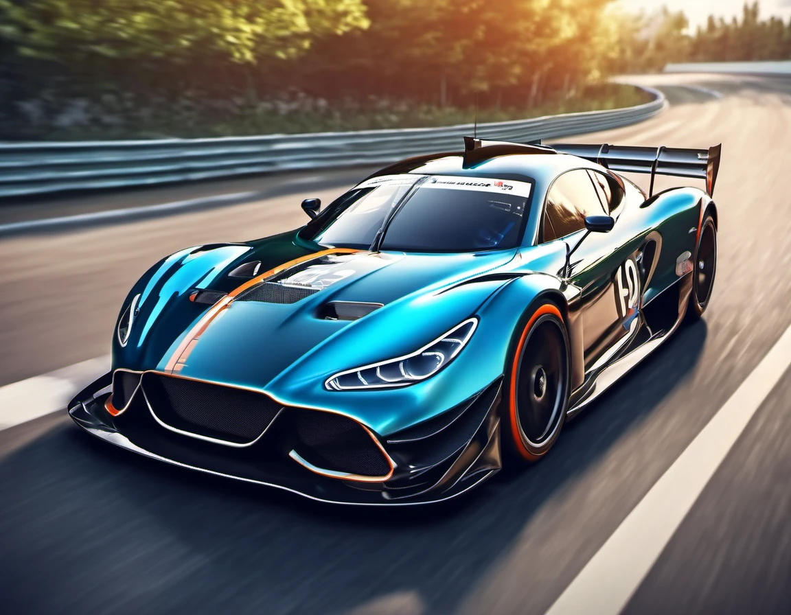 A racing car, ultra realistic, on highway, close up, focus car, motion blur, front view