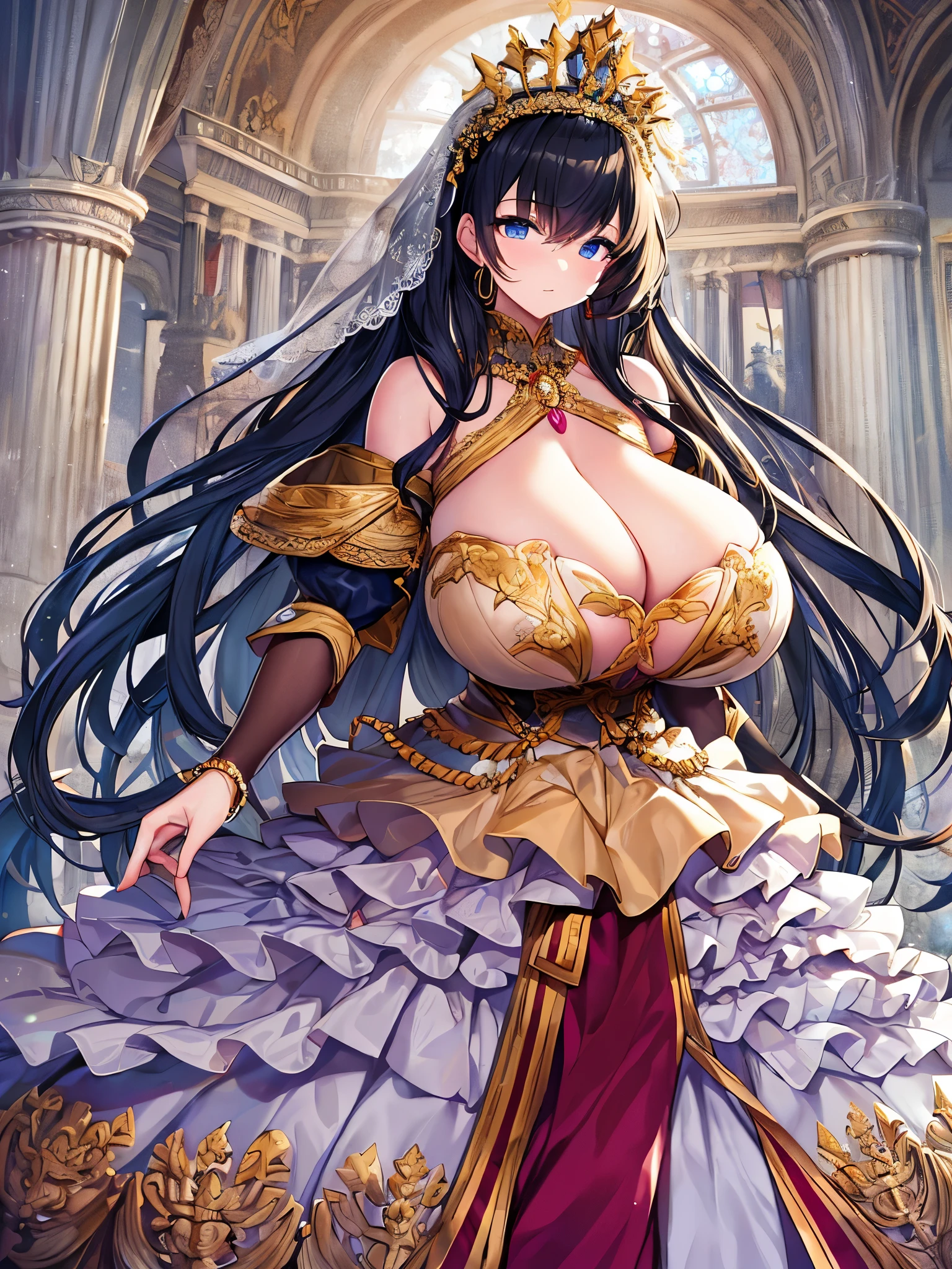 ((anime artstyle)),(((absurdres, Full-HD))),(Masterpiece),(Best Quality),(Super Detail),((Very Delicate and Beautiful)),cinematic lighting,Solo,full body,((full body shot)),((1 gorgeous rococo princess)),detailed face and eyes,jewel-like eyes,((((very very gigantic tits,cleavage,curvy)))),Skindentation,((fantasy castle,outdoor)),((crinoline,long train)),super detailed gorgeous princess rococo ballgown with voluminous full length hoop skirt and long train,((gorgeous rococo ballgown with beautiful embroidery and jeweled)),((large amount of straight hair, absurdly long hair,Very Long Straight Hair)),extremely gorgeousfull hair ornament,(bling-bling extremely gorgeousfull jeweled tiara),luxurious jewelry,full body shot,((gorgeous rococo ballgown with voluminous full length hoop skirt))