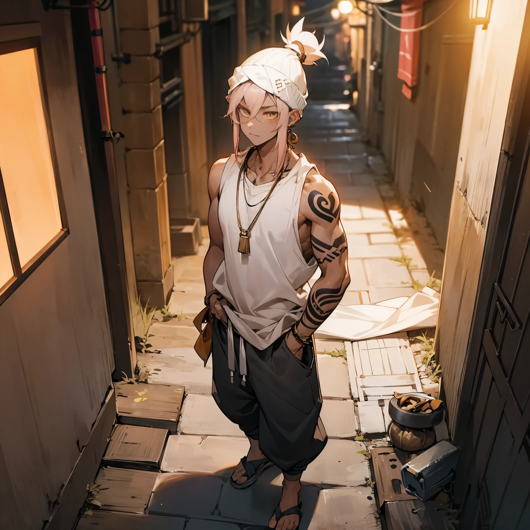 1male, young , tan skin, finely detailed yellow eyes, medium messy top knot, pale pink ombré hair color, loose sleeveless haori, loose baggy pants, hands in pockets, walking down alley, night, somber expression, village, serious, tattoos, muscular, beanie, rings, jewelry, necklace, earring