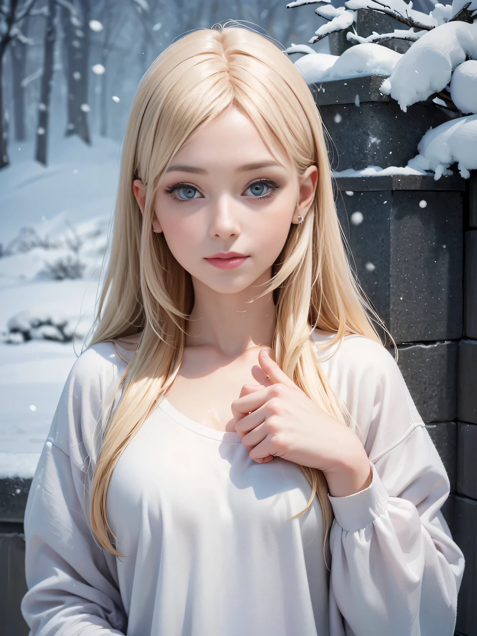(10 years old) ,girl、(Bunny ears headband)。(Random Nudes)，Exhibitionism，((Random exposure of genitals))。　Beautiful areola。Small breasts. Thin Hair。(On top of a snowy mountain). Detailed and complex background。((Light blonde hair))。(Round face). ((Straight Long Hair)). 可愛いsmile. Idol&#39;s face. Smooth Hair. Thin Hair. White skin. Full body photo. fun,smile. (Looking up pose).