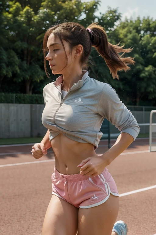 1 girl, solo, running, Gray Track Top, pink shorts, ponytail, athletic build, dynamic brushstrokes, fluid movement, capturing the essence of her athleticism and energy, using light colors and soft tones to create a dreamy and ethereal atmosphere, portraying the motion and grace of running, showing the wind blowing her ponytail and clothes, and the scenery of her surroundings. outdoors, detailed background, Modern metropolis,