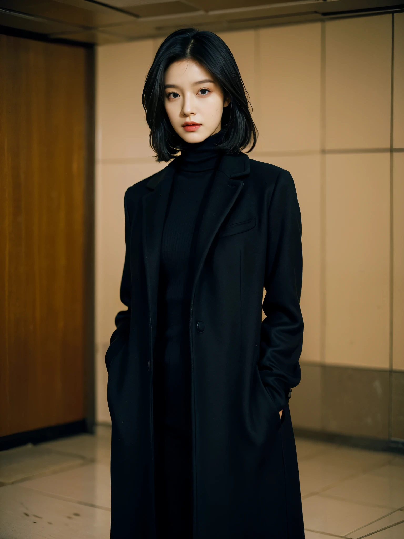 Best quality at best,tmasterpiece,ultra high resolution,(realness:1.4),RAW photogr,Cinematic texture,1 cool girl,Tall and tall,Dressed in turtleneck,black long coat,standing in the plain background,looks into camera,fashion photoshoot, fashion model, black bob hair, gorgeous eyes