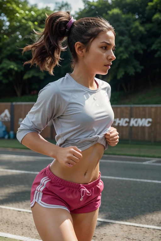 1 girl, solo, running, Gray Track Top, pink shorts, ponytail, athletic build, dynamic brushstrokes, fluid movement, capturing the essence of her athleticism and energy, using light colors and soft tones to create a dreamy and ethereal atmosphere, portraying the motion and grace of running, showing the wind blowing her ponytail and clothes, and the scenery of her surroundings. outdoors, detailed background, Modern metropolis, brazilian woman
