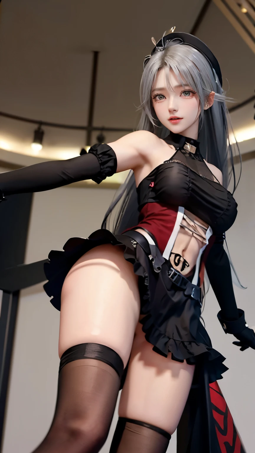 (very delicate and beautiful:1.2)super model,perfect shape,Two girls kicking at the screen,2girl,,Thighhighs,beautiful feet,beret,gentle expression,Seen by girls from below,Innocent face,mini skirt,big breasts,Girls doing roundhouse kicks from the left and right of the screen,voluptuous,bike shorts,atelier,givenchy