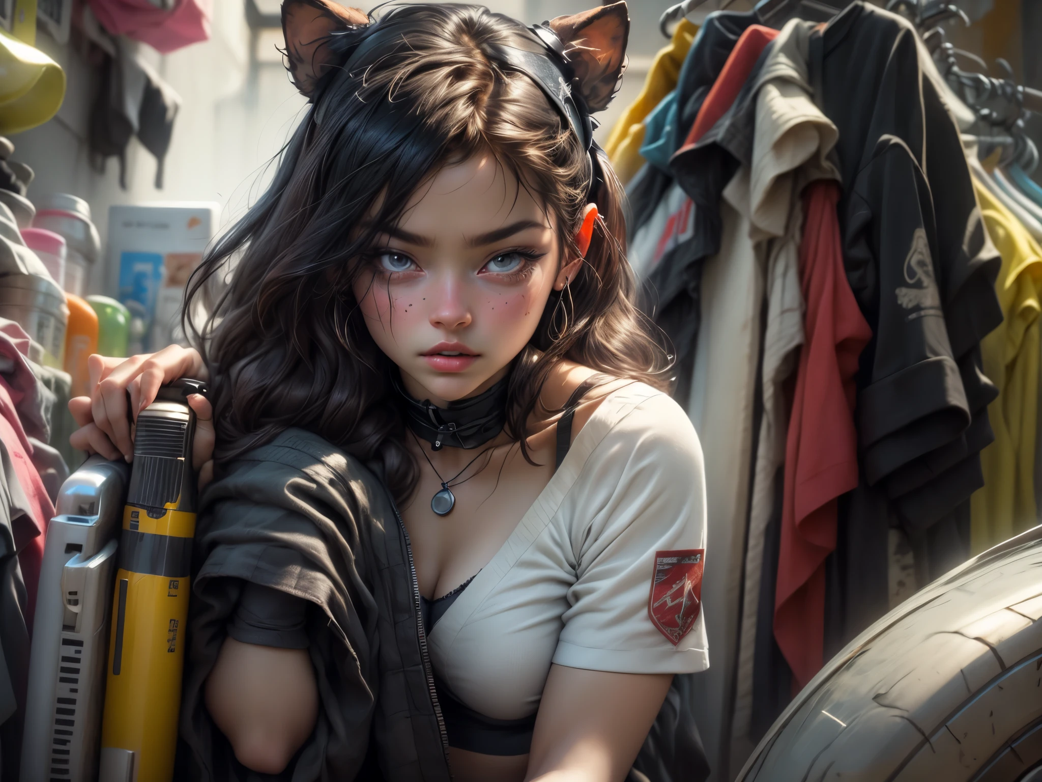 motor irreal:1.4,CG ultra realista K, fotorrealista:1.4, textura de la piel:1.4, obra maestra:1.4,posing behind Beautiful woman holding gun, , assault rifle, kalashnikov rifle, trigger_discipline, low-ready with babydoll lingerie、Ropa corta estilo cyberpunk color amarillo, pantimedias red , Mini falda azul,