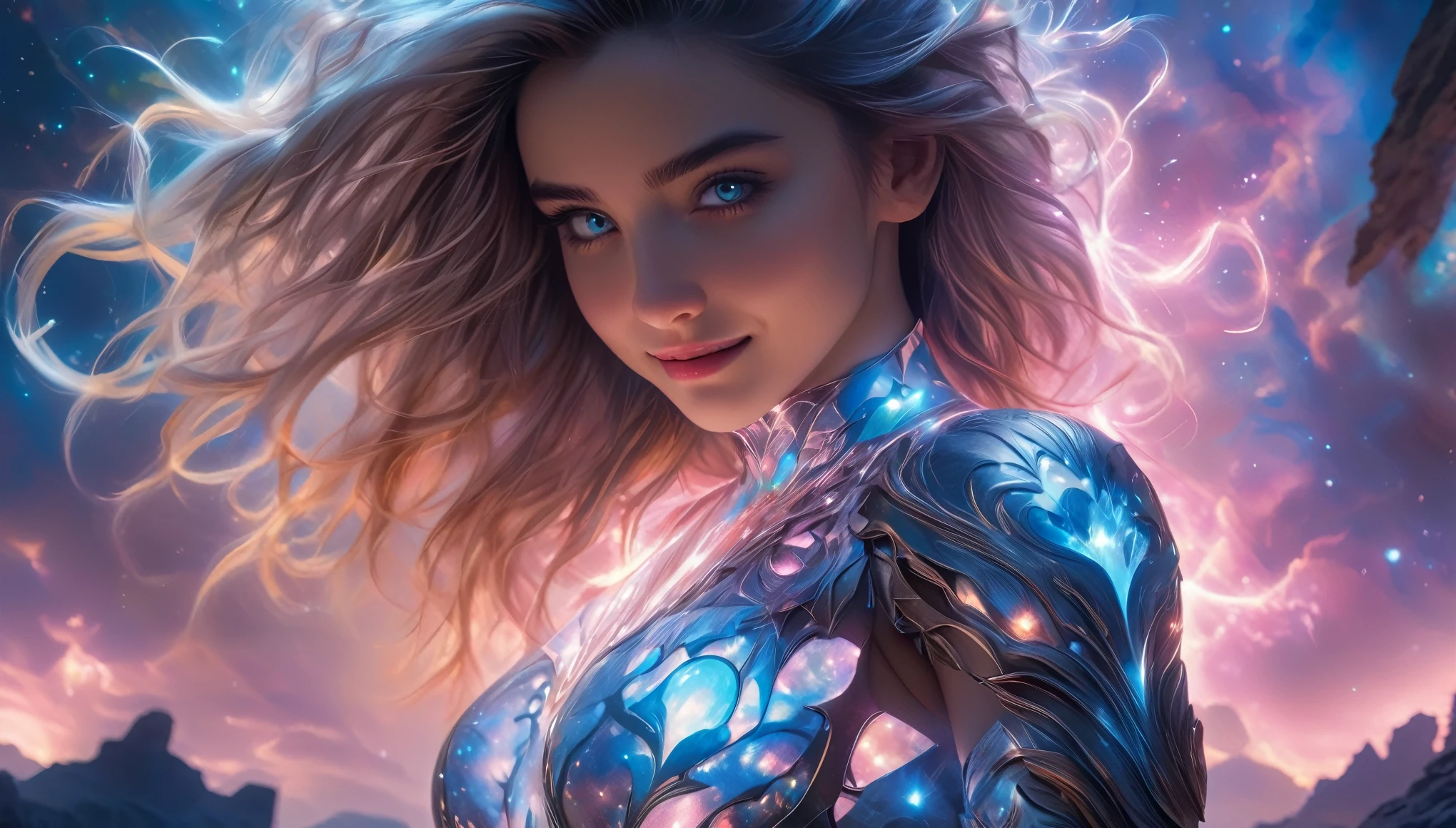  ((high quality)),(super realistic photos, official art, unity 8k wallpaper, 8K portrait, high quality, very high resolution:1.36), (One beautiful Russian teenage girl:1.6),(She wears a white bodysuit with a beautiful fractal or marble design:1.5),(She wears a very beautifully designed gauntlet with jeweled details:1.6), ((she is showing her armpits:1.6)), (erotic pose:1.6), (model pose:1.6), incredibly spectacular scene,((fantasy)), blue plasma brain, green plasma body, obscene, average, (despicable:1.2), (immoral:1.2), (Small breasts with beautifully raised pink areolas:1.5), (expression of ecstasy:1.2), (incredibly beautiful nature background:1.6), (18yo:1.5), (sexy and glamorous:1.1), (coquettish expression:1.6), (smile seductively:1.6), beautiful seductive face, portrait, (thick eyebrows:1.4), Beautiful eyes with high bilateral symmetry, (highly detailed eyes:1.4),(highly detailed face and eyes:1.7), (High resolution opal eyes:1.8),  (Highly detailed skin texture:1.4), Very detailed dark skin, perfect anatomy, thin, (Beautiful muscular and toned body:1.6), highly detailed platinum hair, (moist skin:1.7), no makeup, (bear:1.1), excellent anatomy, focal plane, good looking, (emilia clarke:0.1) (emma watson:0.3),(jennifer connelly:0.24),  (A delicately crafted necklace is wrapped around her neck.), (Bioluminescence with a brilliant glow:1.4), (Shining magic circle:1.5), ruins of an ancient castle, Shining majestic clouds and sky, lightning, spectacular realistic, (greg latkowski:0.8), (teal and orange:0.4), (art station:1.5), cinematic, (NSFW:1.6), dramatic light, (intricate details:1.1),milky way, (nebula:1.6), dark Knight, Note the fully armored body