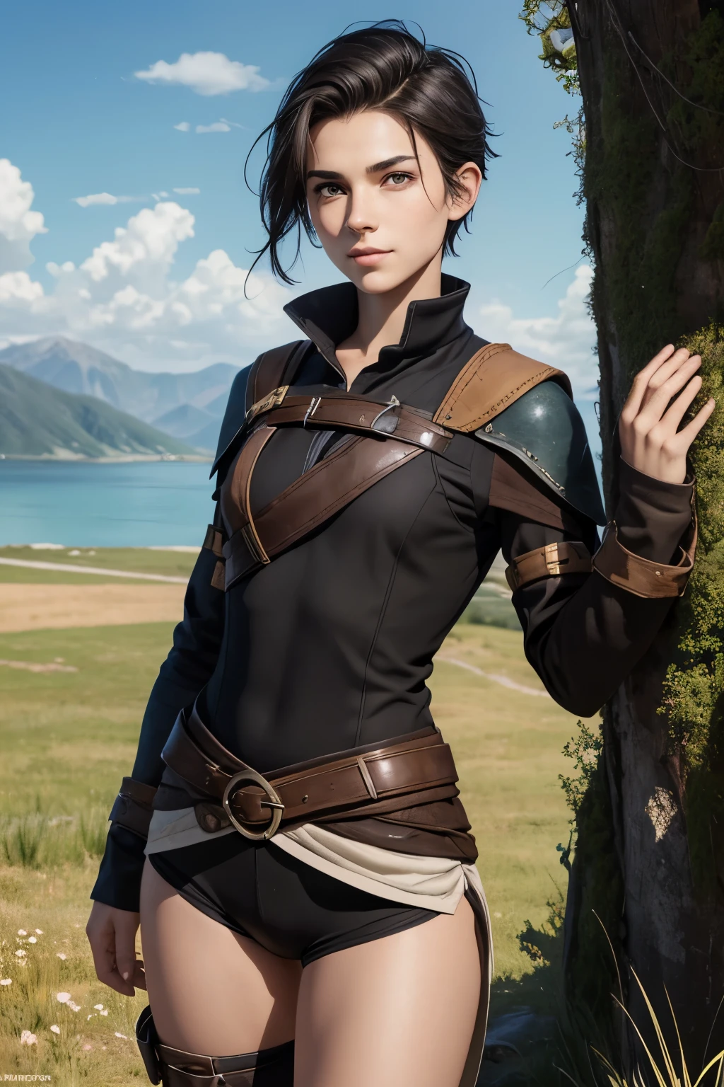A happy young woman with an undercut in a fantasy setting. An adventurer and ranger. Very androgynous looking. In a good mood. Sympathic. Tomboyish. Androgynous. Slim body. Very . Very small breasts. Wide hips. Thick legs. Face: Extremly pale skin with liverspots and freckles. Soft narrow face with a round chin. Soft small jaw. Big forehead. Very thin barely visible eyebrows. Upturned big dark-brown eyes. Dark-brown eyecolour. Very long and wide nose. Big curved lips. Very short dark-brown hair. A boyish short haircut. Undercut. Sides shaved. A tight fantasy outfit of a lonley ranger and adventuerer. Background: Wide colourful plains. Green grass. A big lake. Shiny blue sky. Wonderful weather. Sense of wideness and freedom.
