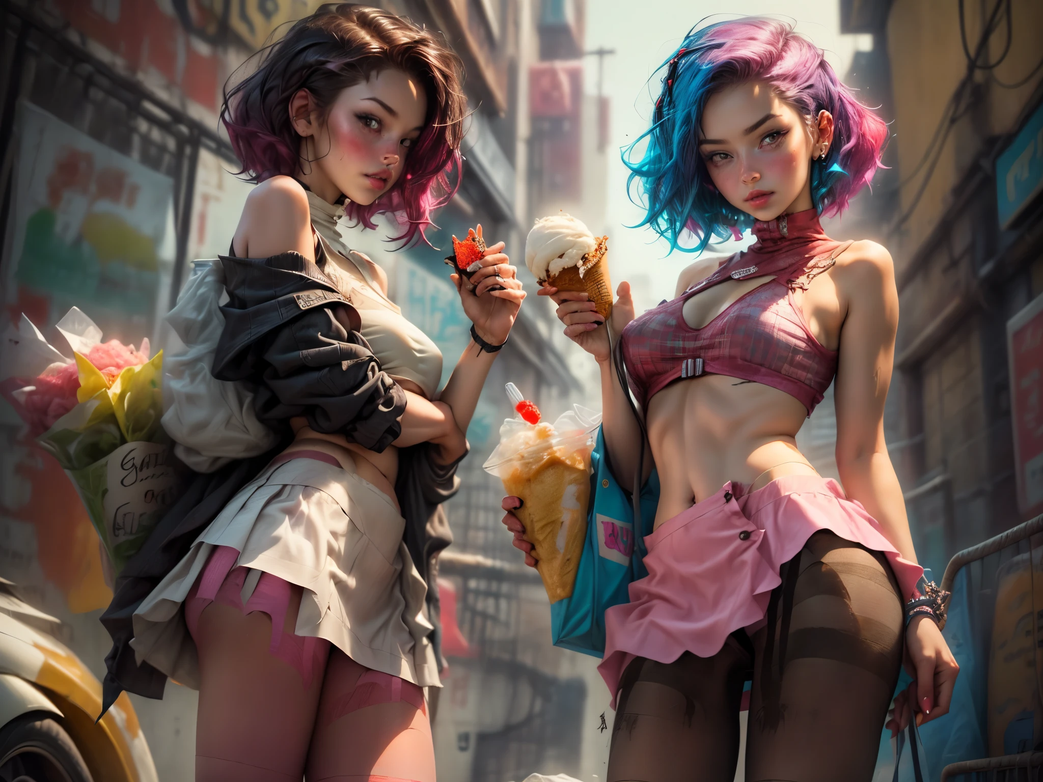 unreal engine:1.4, ultra-realistic CG K, photorealistic:1.4, whole shot:1.4, skin texture:1.4, masterpiece:1.4,(( beautiful woman holding an ice cream and a balloon in the other hand, low-ready with babydoll lingerie、Cyberpunk style short clothes in earthy colors with cyan, red hose, pink mini skirt:1.5)),