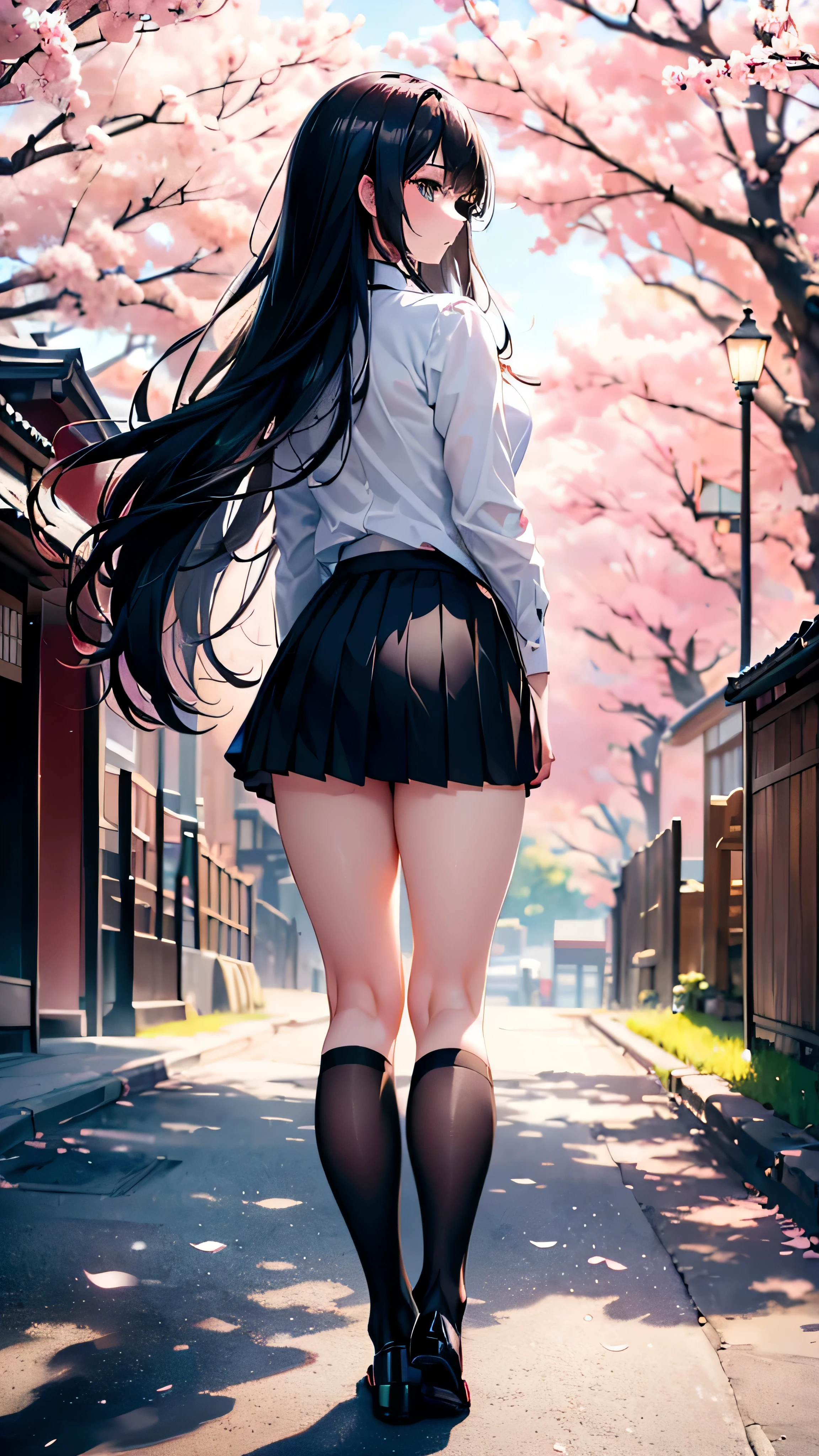 ((best quality)), ((masterpiece)), (detailed), (High contrast natural side daylight, dynamic lighting, movie lighting), 
((Turn your back to the camera)), whole body, 1 girl, Rear view, ((Japanese)), perfect body structure, Sexy body shape, Fair and glowing skin, Long hair fluttering in the wind, (((extra long:1.6)))black curly hair, ((Delicate hair)), Slender and natural legs, perfect feet繪畫品質, Exquisite finger painting quality, Cute back and side, 
((symmetrical clothes, uniform, white collar shirt, Black pleated mini skirt，dark stockings, Dark student shoes)) , perfect feet, (Beautiful scenery), (outdoor breeze), Quiet Japanese city street, spring morning, ((Cherry blossoms)), whole body影像, ((perfect composition, golden section)), Prominent theme, (((eye level photography:1))), (Detailed depiction of environmental details:1.5), Depth of field control, ((Reduce color saturation slightly:1.2)), (Japanese style photos:0.3),