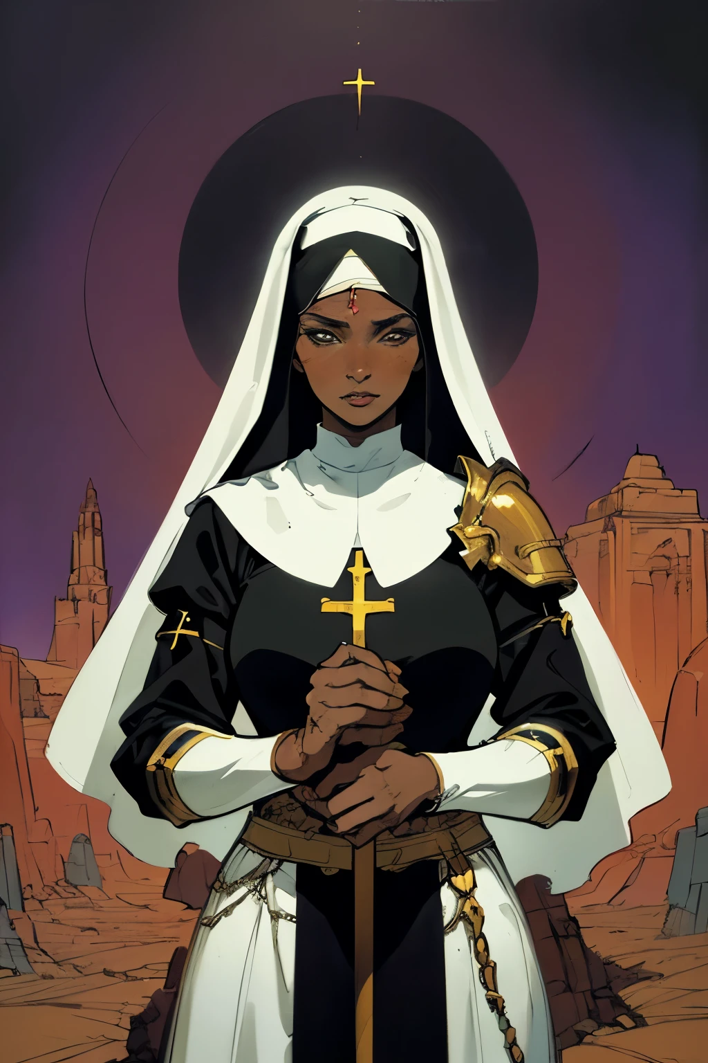 masterpiece:1.2, best quality, ultra detailed, absurdres, 1 brunette woman, tan skin tone, armor, futuristic, detailed, nun attire, nun covering, ( methurlant), (masterpiece, best quality:1.3), (tan_skin), dark, divine pose, internal temple background, in the style of Kentaro Miura, fantasy, SCI-FI,
