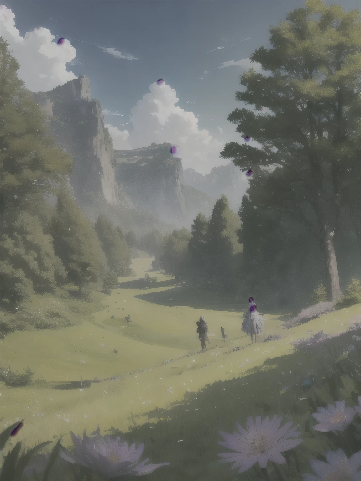 In a green meadow stands a wizard leading a group of knights.
BREAK
With a brave expression, she guides them towards their destination.
BREAK
Behind her, a green forest stretches out and beyond that, mountains rise in the distance.
BREAK
The most suitable effect for this scene would be a watercolor painting technique to capture the softness of the meadow and the fluidity of the movement.
