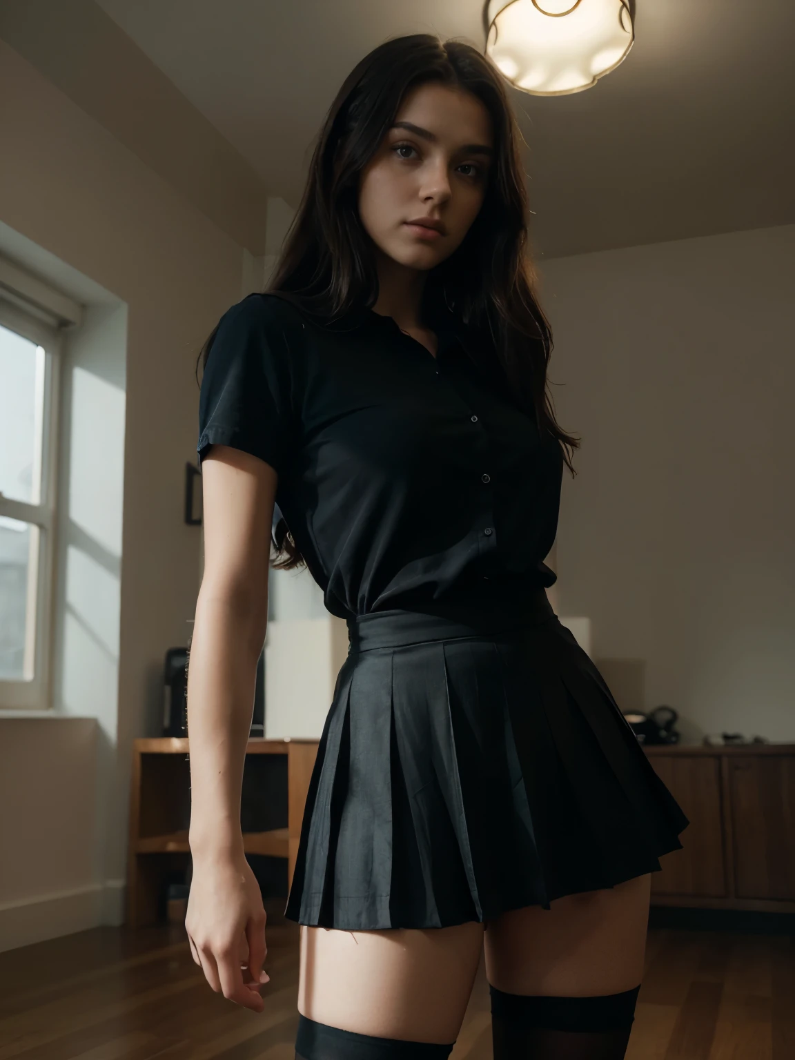 , European, blonde, big eyes, long legs, athletic figure, detailed face, beautiful face, thick wavy black hair, long thick black hair, blue shirt, blue shirt, top buttons undone, small pleated skirt, black stockings, high heels, shot from a very low angle, bright room, full body, ray tracing, HDR, 35mm, 4k textures, soft Cinematic Light, RAW photo, photorealism, photorealistic, complex, elegant, very detailed, sharp focus, (((( cinematic-view)))), soothing tones, crazy