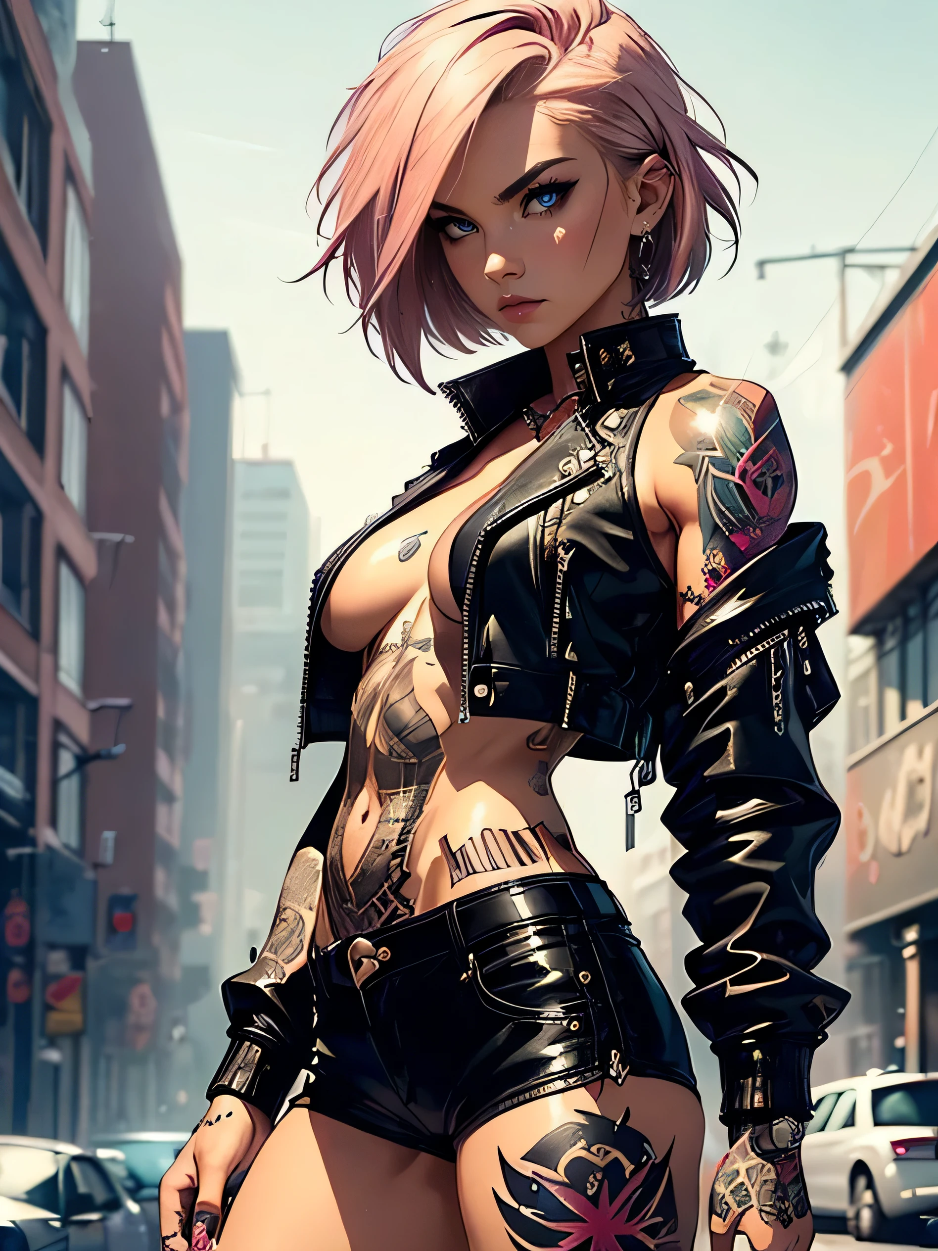 (((highest quality: 1.4))),(A masterpiece like no other in history), (ultra high resolution),(Ultra-realistic 8k CG), official art、 (((adult body))), (((1 girl))), ((( bob short hair ))), punk girl with perfect body, jacket with metal spine,beautiful and well-shaped face,,elaborate punk fashion,leather jacket, (Image from head to thighs),((Pink bob short hair )), small leather panties, Simon Bisley'urban brutal style,Detailed street background of London,beautiful abs, Complex graphics, Dark pink with white stars and gray and white stripes,,,, (( Lots of poisonous tattoos )), earrings,