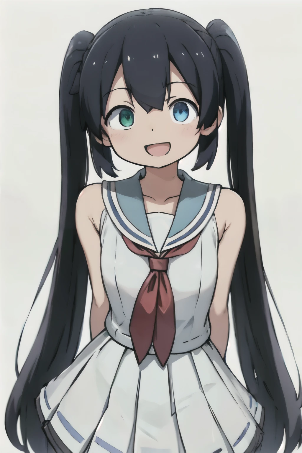 white background、Solid white background、blank background、show both arms、arms behind back、 hide your hands、Upper body photographed from the front,(high quality, Breathtaking),(delicate eyes, perfect face)solo,Era: late 20s, Heterochromia - left eye is yellow、The right eye is light blue.、open your mouth without showing your teeth、Smile with mouth wide open、open your mouth wide、straight hair、black hair, white sailor suit,white pleated skirt