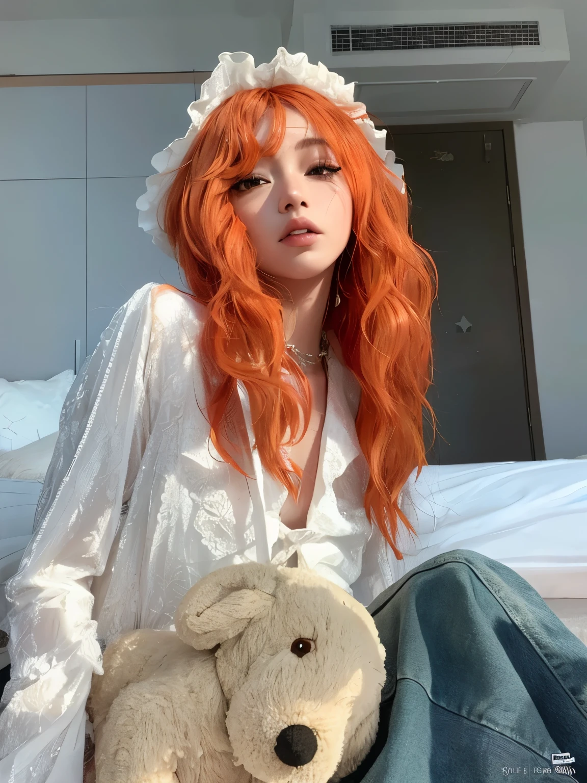 Mujer pelirroja con pelo rojo y vestido blanco sentada en la cama con osito de peluche, long wavy pelo naranja, long pelo naranja, she has long redpelo naranja, pelo naranja, con pelo rojo rizado, pelo ondulado de jengibre, Piel de naranja y pelo largo y ardiente., bright pelo naranja, cabello suelto naranja, con el pelo largo y rojo, very long pelo naranja, She has long orange-brown hair.