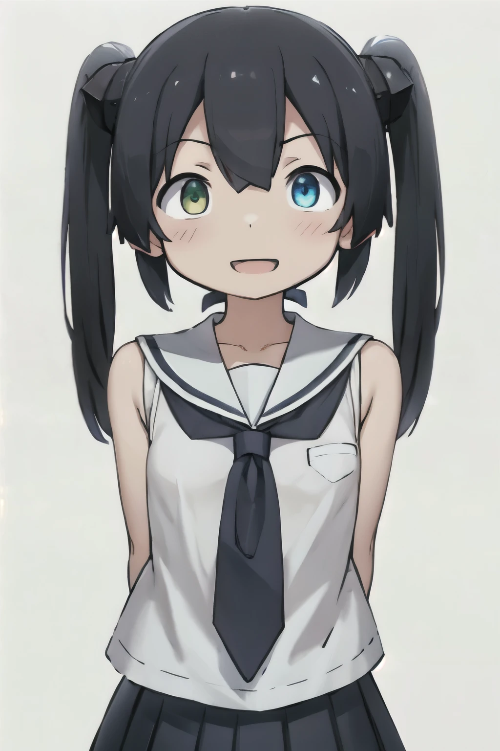 white background、Solid white background、blank background、show both arms、arms behind back、 hide your hands、Upper body photographed from the front,(high quality, Breathtaking),(delicate eyes, perfect face)solo,Era: late 20s, Heterochromia - left eye is yellow、The right eye is light blue.、open your mouth without showing your teeth、Smile with mouth wide open、open your mouth wide、straight hair、black hair, white sailor suit,white pleated skirt