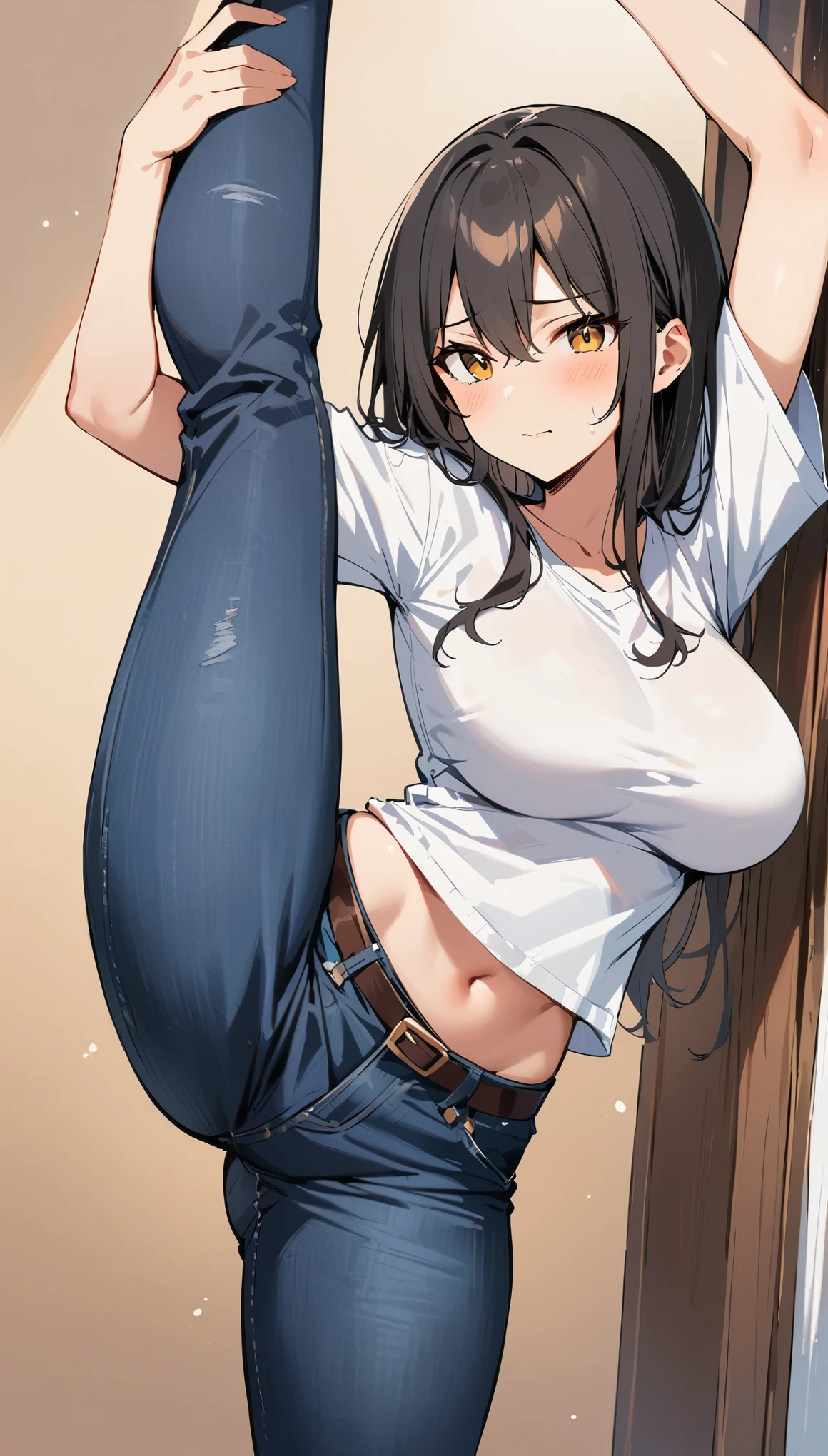 (masterpiece, best quality:1.2), 1girl,standing_split,jeans