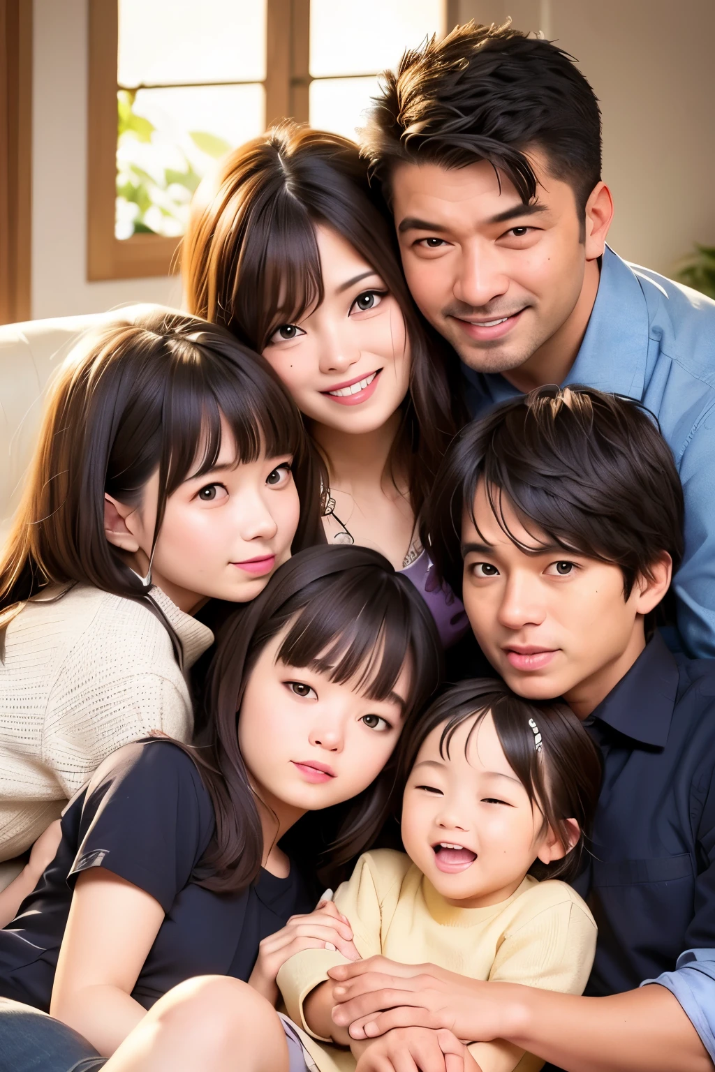Four parents and children hug each other and laugh on the sofa
(full shot)
"(setting)(best quality),(masterpiece),(detailed),(ultra detailed),(insanely detailed),(ultra-quality),(highly detailed),(FHD)"