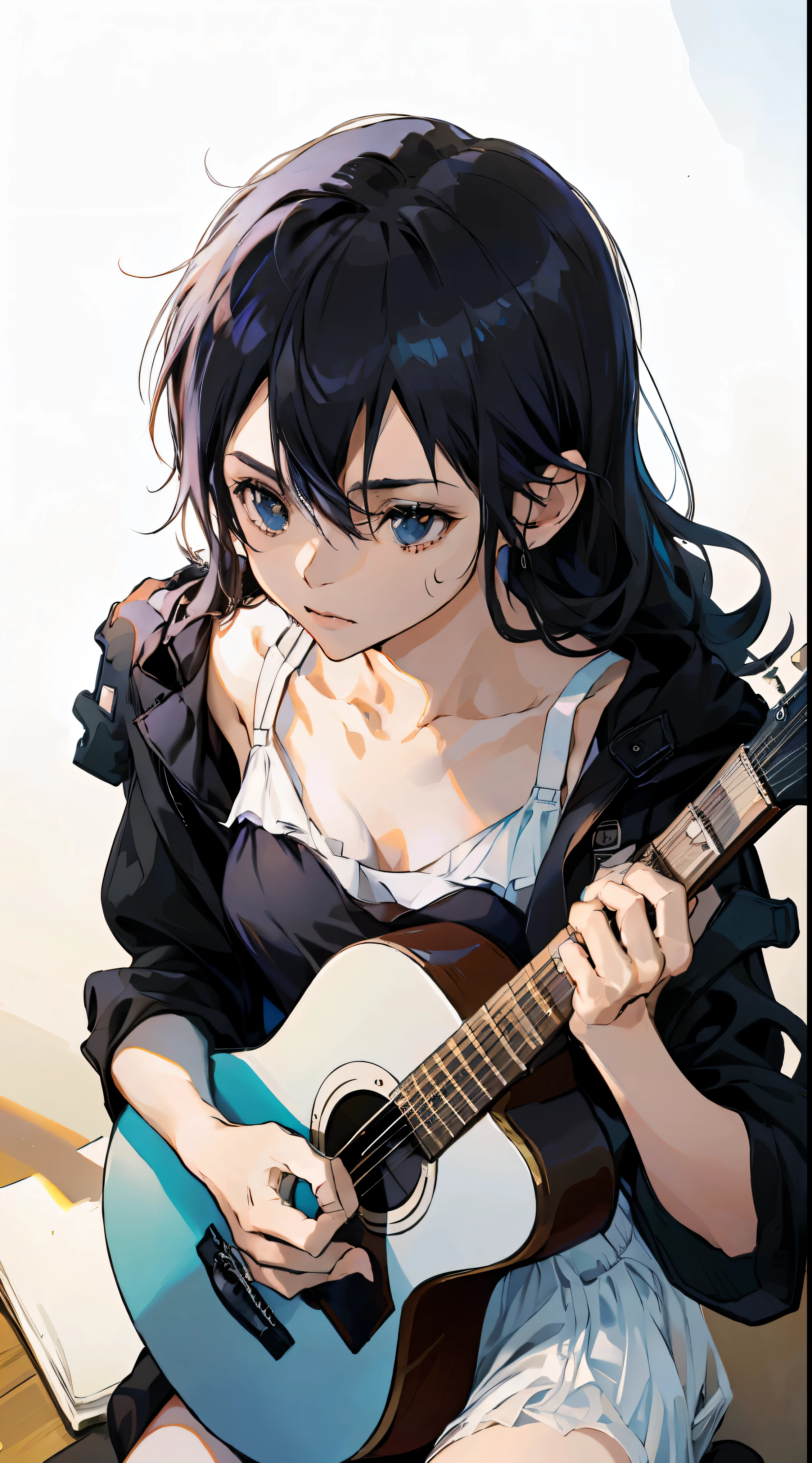 28 years old、black hair messy hair、precision 6 string acoustic guitar:1.2、Anatomically correct fingers、acoustic guitar、only one guitar、Please look straight ahead and sing、(Turn your face forward:1.2)、swimsuit，Female Kirito，long hair，white silk