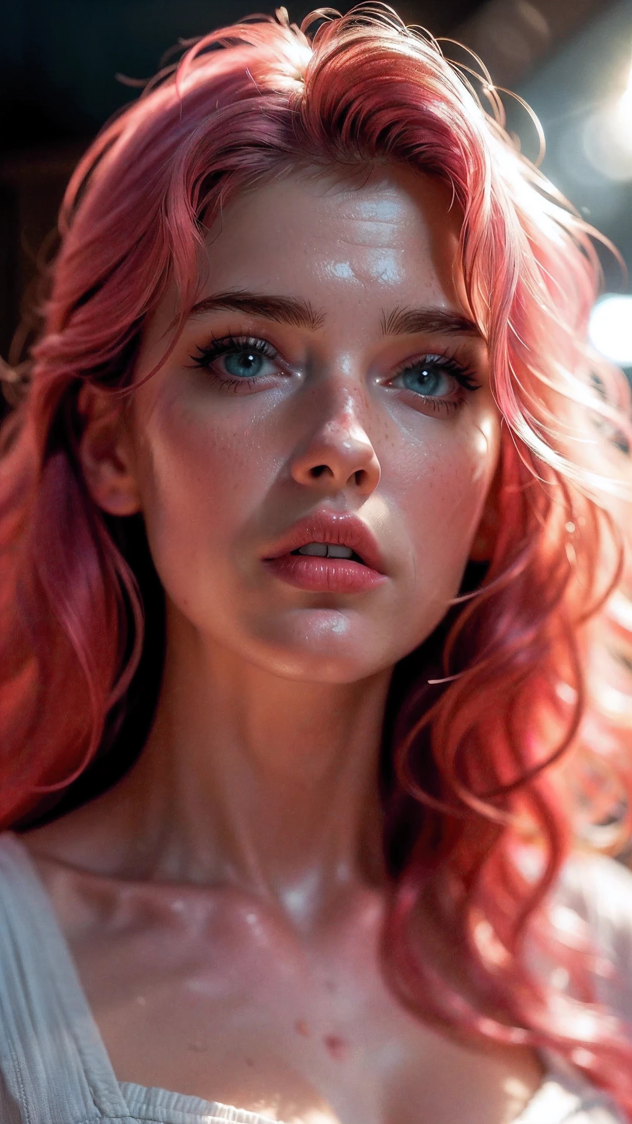 (((ultra realistic))) Photo, masterpiece, top quality, (pale skin), (Ultra detailed face and eyes:1.3), 1 girl, Adult, in a T-shirt, ((Eye makeup, pink mascara)), ((large detailed lips)), ((pink wavy hair)), ((Chyolka)) , (Natural breasts), Slim waist. ((Posing)), photoshoot, studio (soft lighting), (The play of light and shadows), depth of field, bokeh, (special attention to skin detail: 1.2), Detailed leather texture, skin pores. (Light atmosphere of the frame. Color range - delicate, Bright, Pink tones), UDR, ((Film grain)), ((rays)), (Glare), ((Photo from the back, close-up) , ultra detialed,