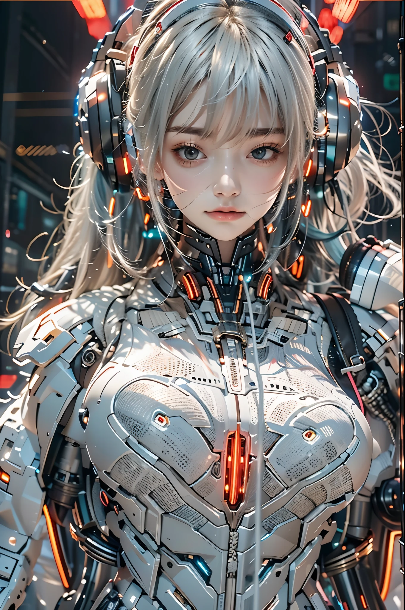 best quality，masterpiece，16K，1 girl,cyberpunk,earphone,机械earphone,发光earphone,Mechanical jewelry fragments,technical background,Frontal close-up,Mechanical arm,Pistol-like earpiece mechanical structure,The chest is slightly bare,多光源earphone,超复杂机械结构的earphone,Multi-light neck protection,Glows red,形状奇特的机械earphone,超级复杂的机械earphone,Black mechanical armor,Multiple light source points throughout the body,city background,Multiple light source background,skyscrapers,night