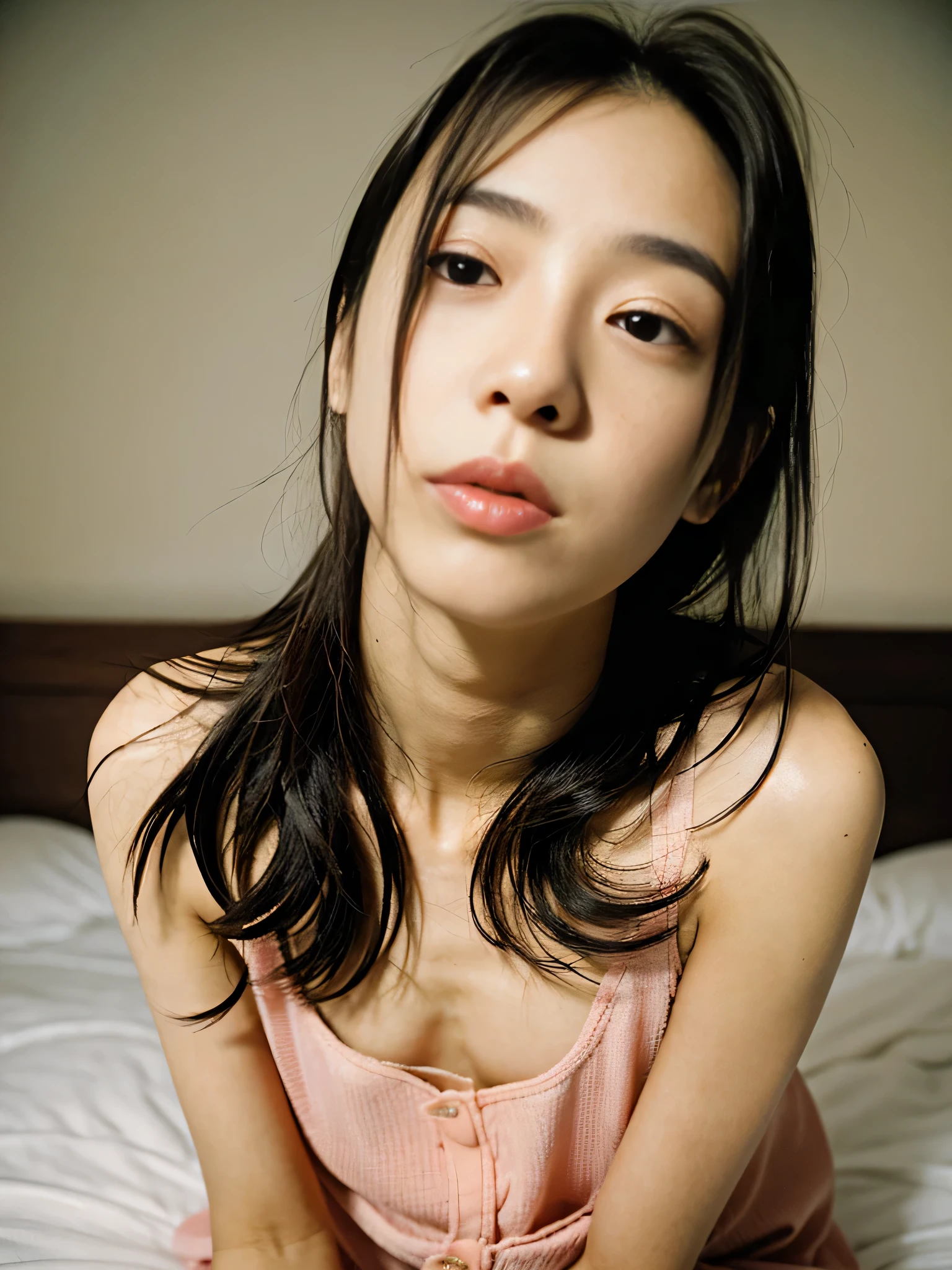 1 girl, Idol, cute, photograph, clavicle, Depth of written boundary, skin texture , greedy look, medium straight hair, messy hair, whole body, bed, have sex,spread your legs,cover, violently, spring, Japan