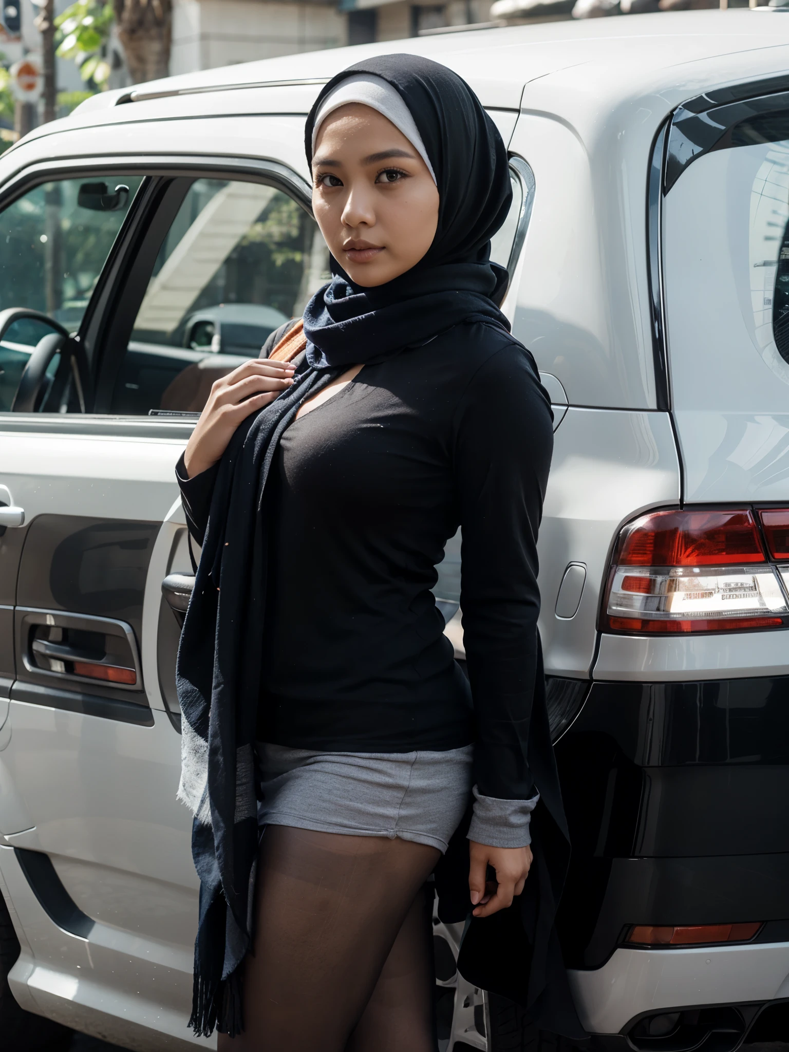 RAW, (Best quality, high resolution, work: 1.3), Beautiful Malay woman in hijab, plump body, naked, Big breasts, Beautiful big eyes, Soft smile, beautiful face, super horny face, slightly open mouth, thick thighs, beautiful buttocks, , beautiful big eyes , gentle smile, beautiful girl, detailed face, Muslim woman sitting on a car roof, at nightmarket, in a white mini skirt, nude, braless, wearing a long flowy fabric, casual pose, wearing casual clothes, very long pleated skirt, wearing casual clothing, white hijab , with a beautiful look Beautiful, perfect lighting, 8k